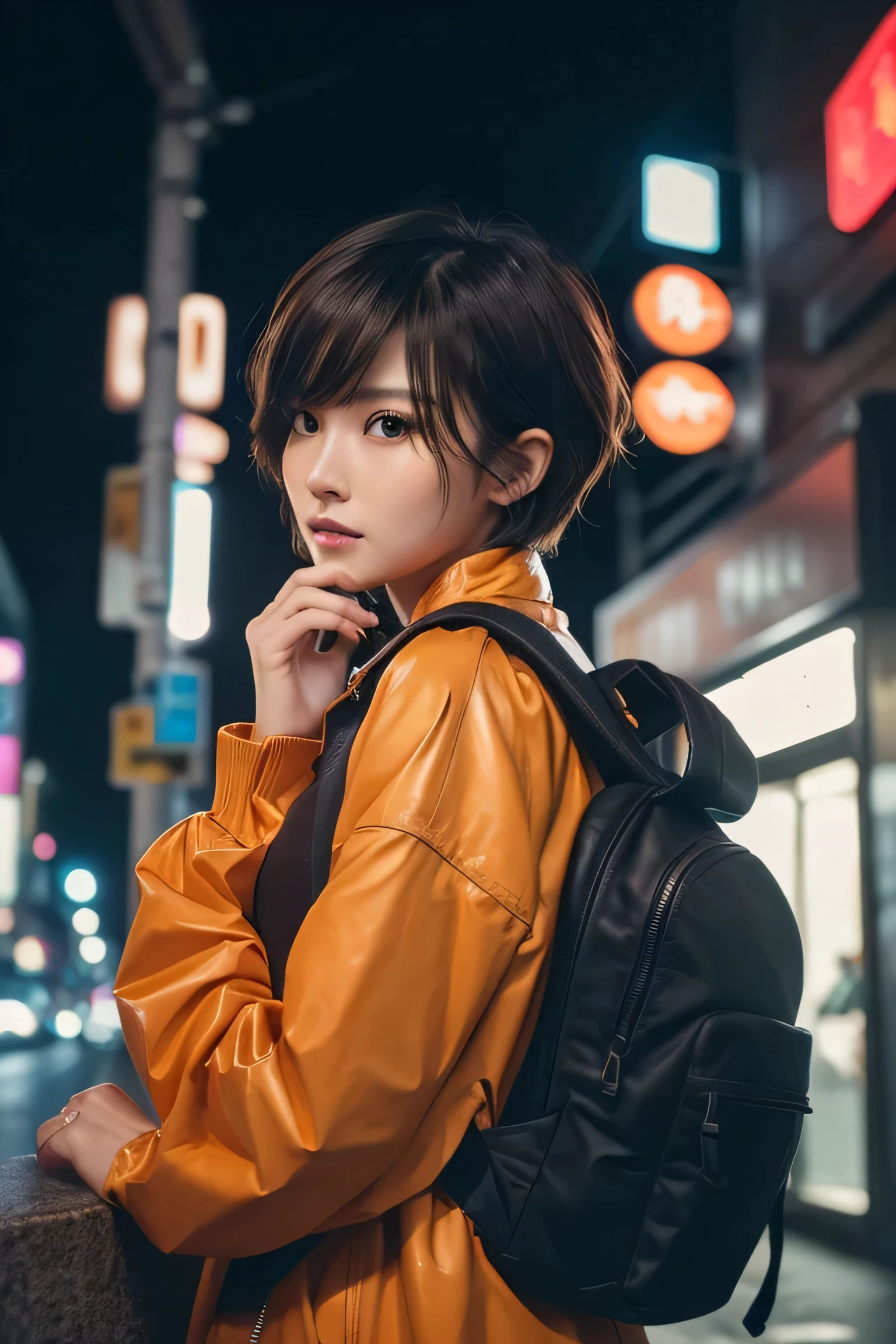 (masterpiece:1.2), Super detailed, ultra high resolution, (realistic, photo realistic:1.37), High-definition RAW color photo, professional photos, highly detailed face, very fine eyes, Very fine skin, very thin fingers, highly detailed nose, highly detailed mouth, perfect anatomy, highly detailed background, (famous japanese actress:1.2), (Improve:1.35), (flat chest), (brown person々, black skin, blonde hair:1.3), (Very short cut hair, curl the inside of the hair), Edgy Girl, dark orange jacket, tech wear, camera, Backpack, white sneakers, dramatic makeup, splicing, sitting outside a convenience store, looking at the street, outdoors, ((at night, dark city)), neon sign, personality, credibility, creative expression, Hong Kong in the 80s,realism, big retro sunglasses, 