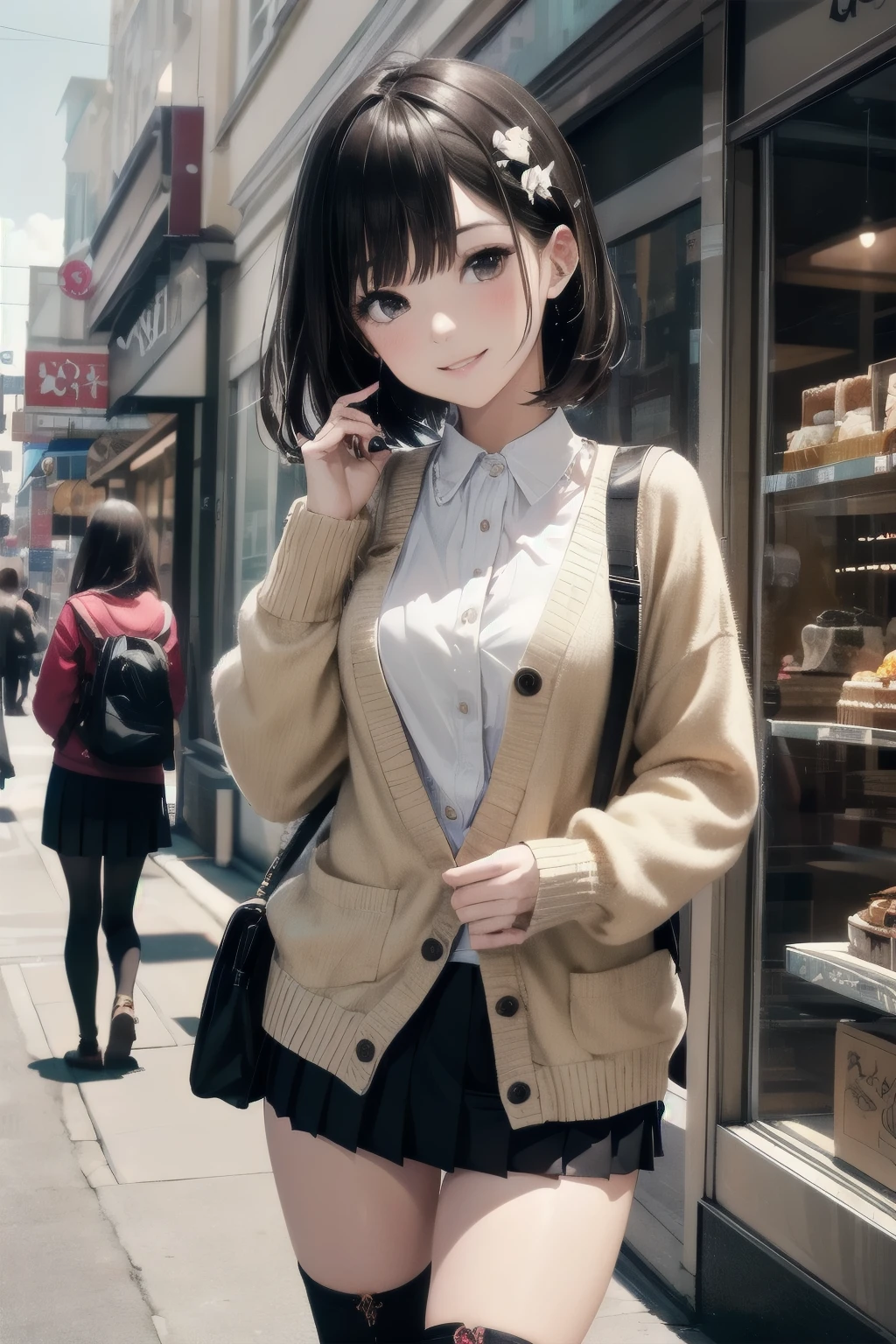 very cute and beautiful girl,(highly detailed beautiful face),(white blouse), (smile),cowboy shot,looking at viewer, (beige cardigan:1.2) BREAK zettai ryouiki,brown shoulder bag,(brown boots), dynamic pose,hair ornament,black hair,(pleated black mini skirt:1.2),(skirt fluttered in wind), standing in front of cake shop show window,downtown street,crowd,people, (best quality,masterpiece:1.2),absurdres,highres,ultra-detailed,extremely detailed,32k,8k resolution, intricate details,cinematic scene,detailed background,solo,dynamic angle, natural lighting,beautiful detailed sky,beautiful detail hands,perfect detail hands,