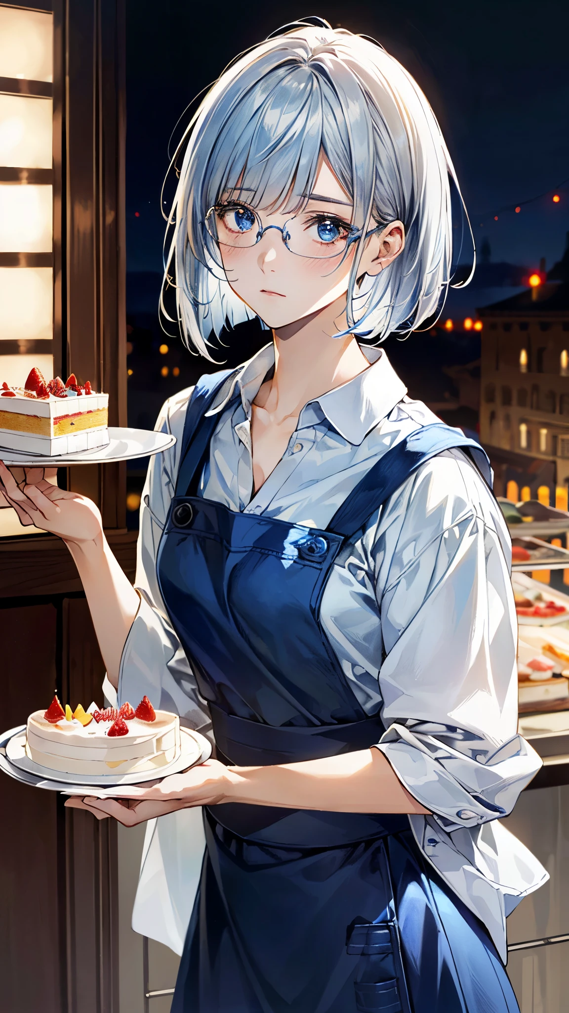 (masterpiece:1.2, top-quality, ultra high res, ultra detailed), (realistic, photorealistic:1.4), beautiful illustration, (natural side lighting, movie lighting),
looking at viewer, (face focus, upper body)1 girl, japanese, (cake craftsman), , perfect face, (perfect anatomy), cute and symmetrical face, shiny skin, slender
(short hair:0.8, bob cut:1.5, silver hair), blunt bangs, hair between eyes, blue eyes, big eyes, drooping eyes, slant eyes, long eye lasher, (medium breasts),
beautiful hair, beautiful face, beautiful detailed eyes, beautiful clavicle, beautiful body, beautiful chest, beautiful thigh, beautiful legs,
((detailed cloth texture, blue stripe collared shirt, blue skirt), white apron, metallic blue-rimmed glasses), ,
(beautiful scenery), evening, (cake shop), (standing, holding a tray with a cake on it), (troubled expression),