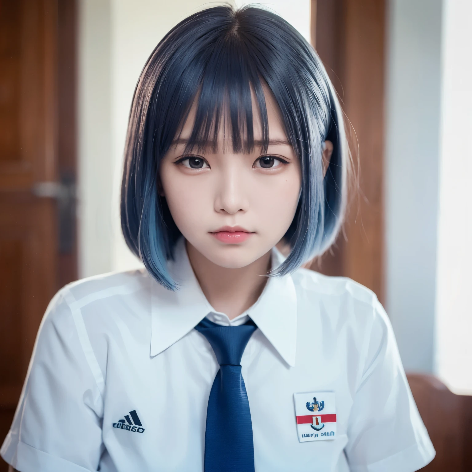 best quality, ultra high res, (photorealistic1.4), 1girl, (white shirt), (light blue necktie), (light blue short hair:1.3), bangs, red eyes, ((puffy eyes)), ((upper body)), (((looking at viewer))), ((closeup)), wearing indonesian high school uniform, indo highschool uniform, 