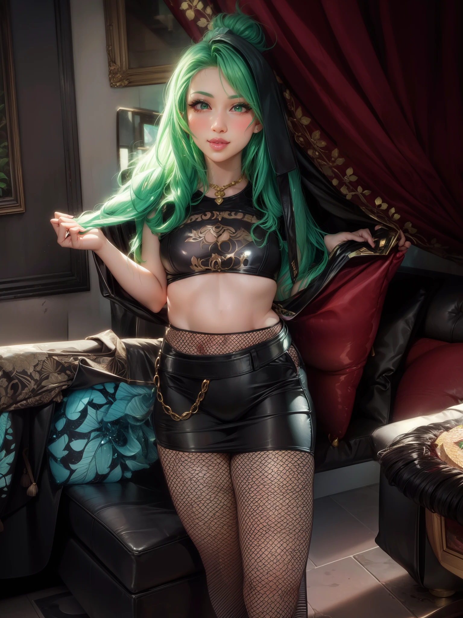 blush, smile,glowing aura, natural light, masterpiece, glossy skin, juicy lips , ,sexy, hot, evil,juicy lips hour glass, , juicy lips, , slender body, small , huge ass, green hair, ponytail ,looking up, smile, ultra detailed , , ((wavey hair)), green eyes,