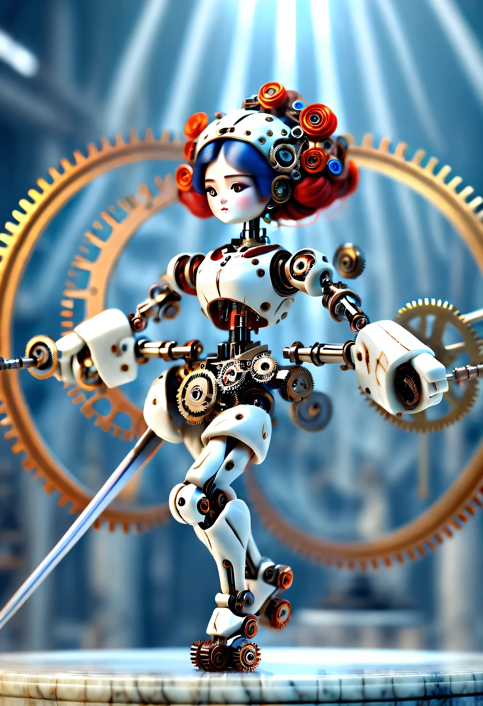 Marble sculpture style, robot character, Beautiful and meticulous,Mechanical doll design,(Mechanical doll practicing swordsmanship),Mechanical clockwork,gear,Mechanical device base,Insert the top screw key into the back of the doll,Extra long red double braided hair,blue and orange skirt,rotate,dance,motion blur,8k smoke,Ultra-fine,lifelike,high resolution,Motion ray tracing,