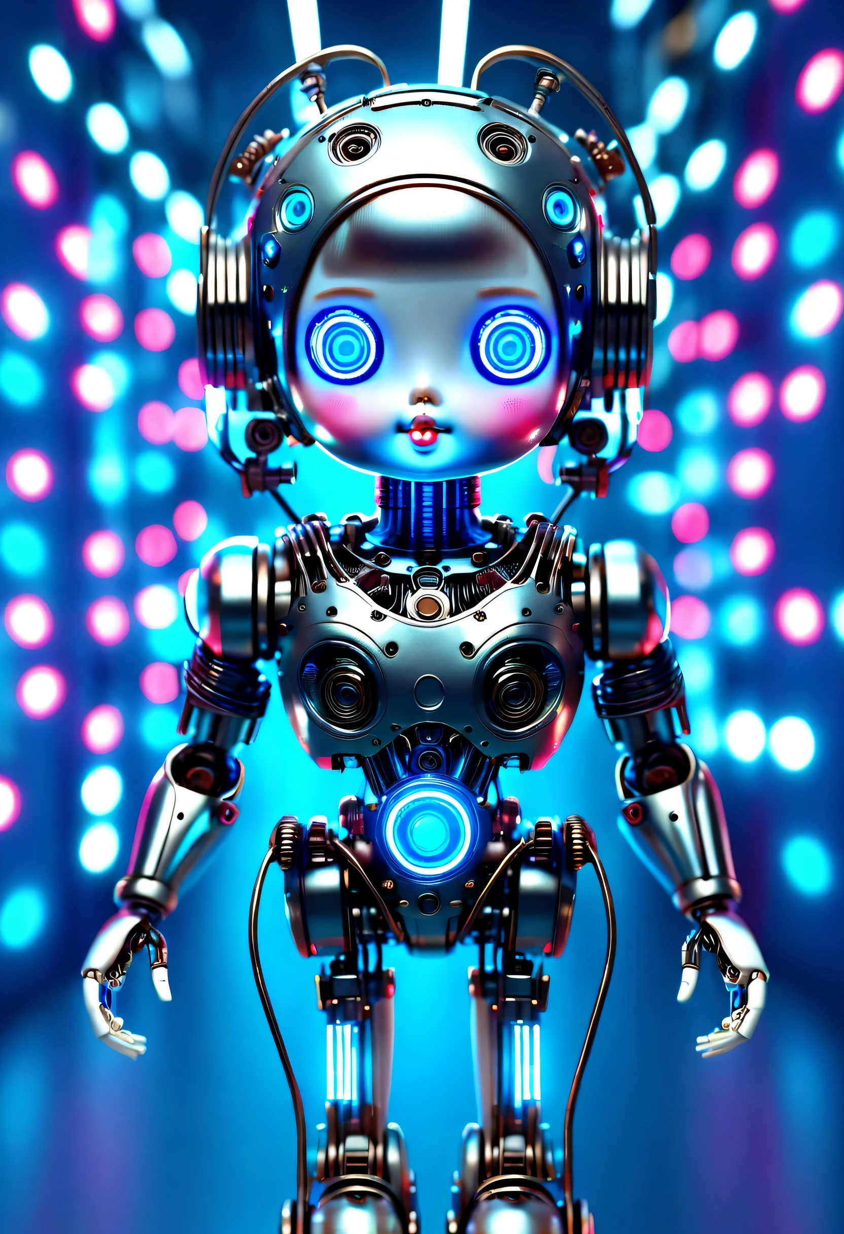 Mechanical doll design, whole body, Cute mechanical doll from 1970s futuristic retro neon light, With digital display connected to wires, Ken W. Purdy, blue background, motion blur, 8k smoke, Super fine, actual, high resolution, Motion light tracking, take photos, side shot, iconic design, photorealism, Surrealism, Ultra-detailed, 8k
