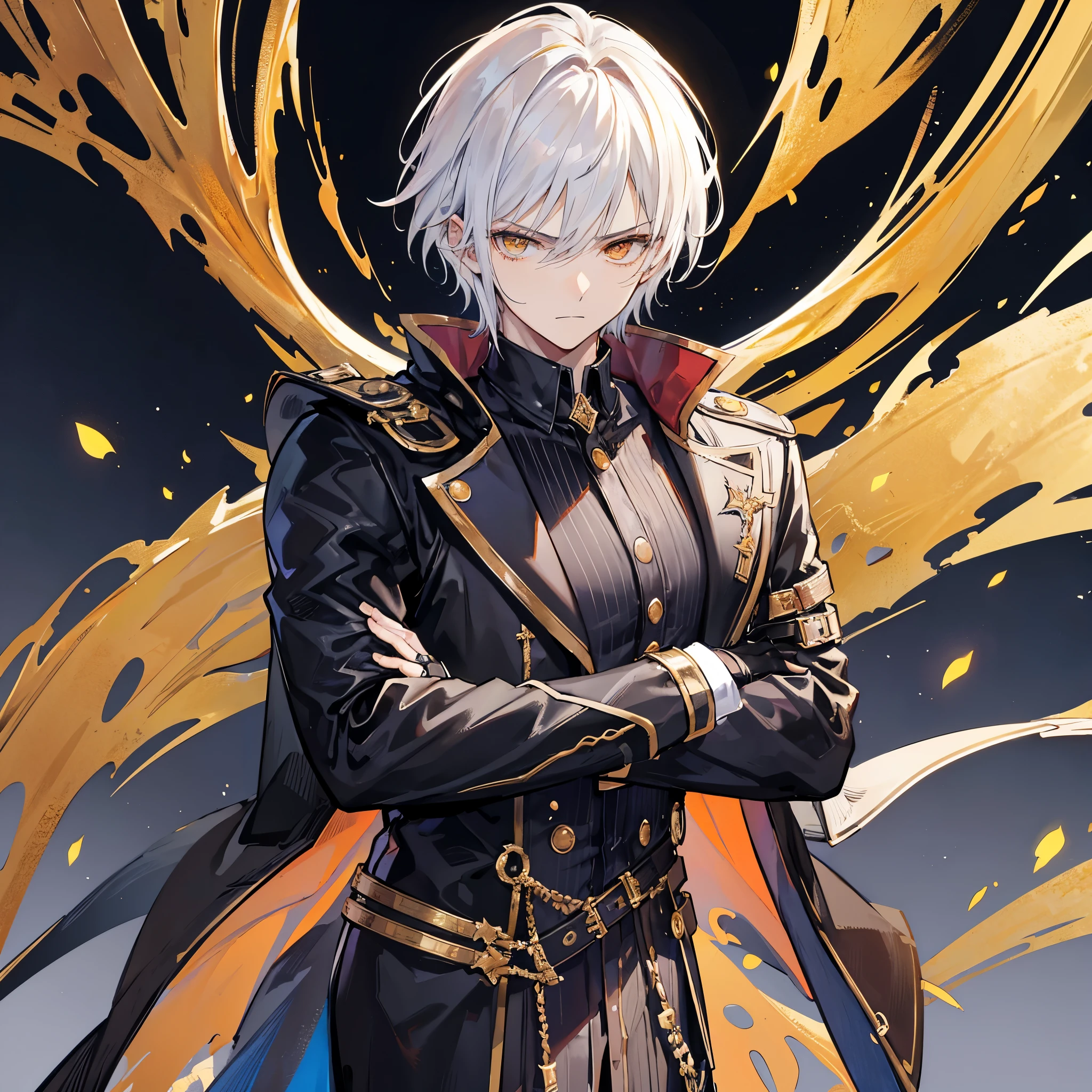 Handsome male, 1male, 17 years old, teenager, golden lining, short white hair, gold eyes, devil may cry, close up, calm expression, stoic, black leather clothes, black gloves, crossed arms, upper body, looking at viewer, cowboy shot, black dragon background