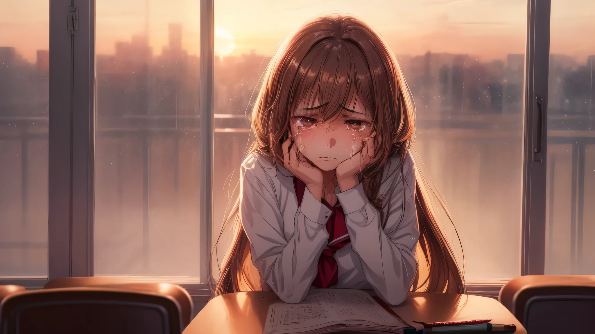 (1young girl:1.3), long hair, brown eyes, (Sad expression, tears), model, Enchanting, Sublime, Ethereal, fantastic, indoors, (Bokeh), (anime , anime illustration), school, classroom, eraser, sunset, alone, depth of fields,