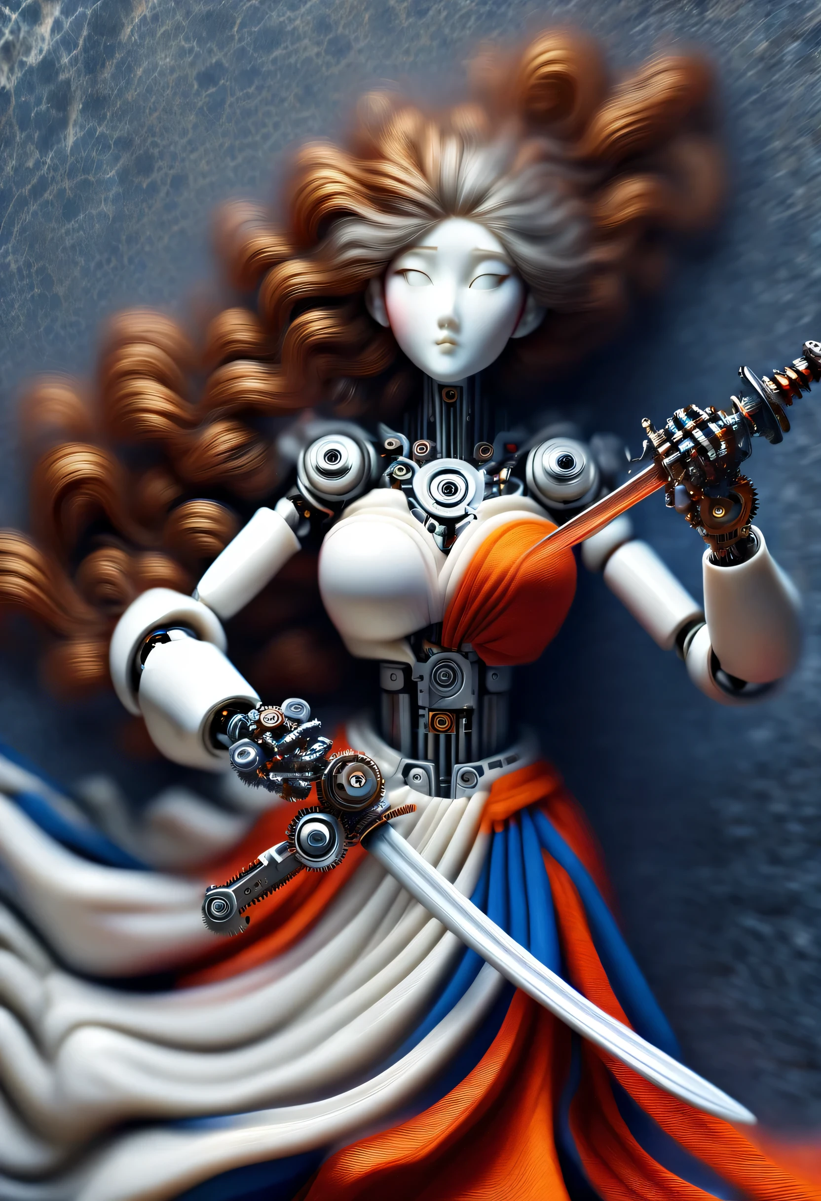 Marble sculpture style, robot character, Beautiful and meticulous,Mechanical doll design,(Mechanical doll practicing swordsmanship),Mechanical clockwork,gear,Mechanical device base,Insert the top screw key into the back of the doll,Extra long red double braided hair,blue and orange skirt,rotate,dance,motion blur,8k smoke,Ultra-fine,lifelike,high resolution,Motion ray tracing,