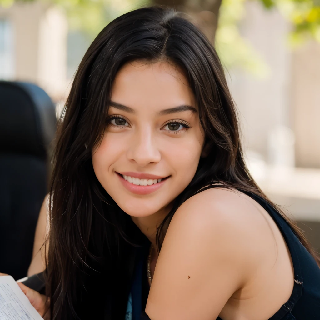 mujer muy joven, sonrisa perfecta, dientes blancos,busto y brazos, medio chino, pelo negro, piel blanca perfecta, pelo largo, fotorrealista, cogiendo un libro, Mejor calidad, hiper detallado, middle escuela student, mujer hermosa, foto autofoto, parte superior del cuerpo, solo, vistiendo casual, estudiando, Mirando al espectador, textura de la piel, film grain, de cerca, ultra high resolution, Mejor sombra, CRUDO, LUT de Instagram