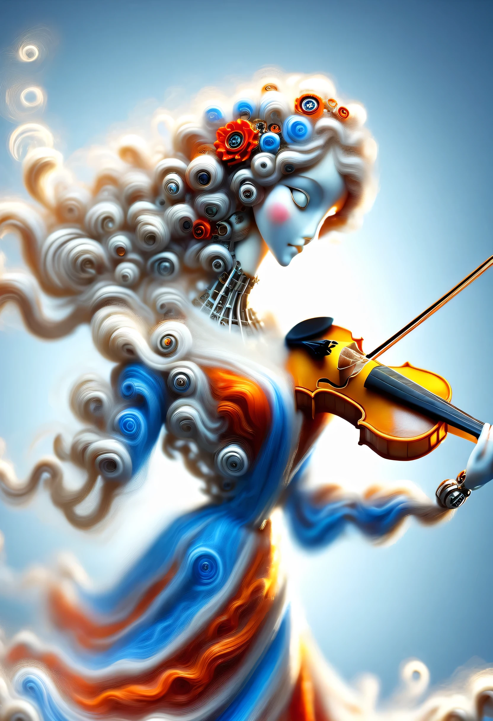 Marble sculpture style, robot character, Beautiful and meticulous,Mechanical doll design,(Mechanical doll playing violin),Mechanical clockwork,gear,Mechanical device base,Insert the top screw key into the back of the doll,Extra long red double braided hair,blue and orange skirt,rotate,dance,motion blur,8k smoke,Ultra-fine,lifelike,high resolution,Motion ray tracing,