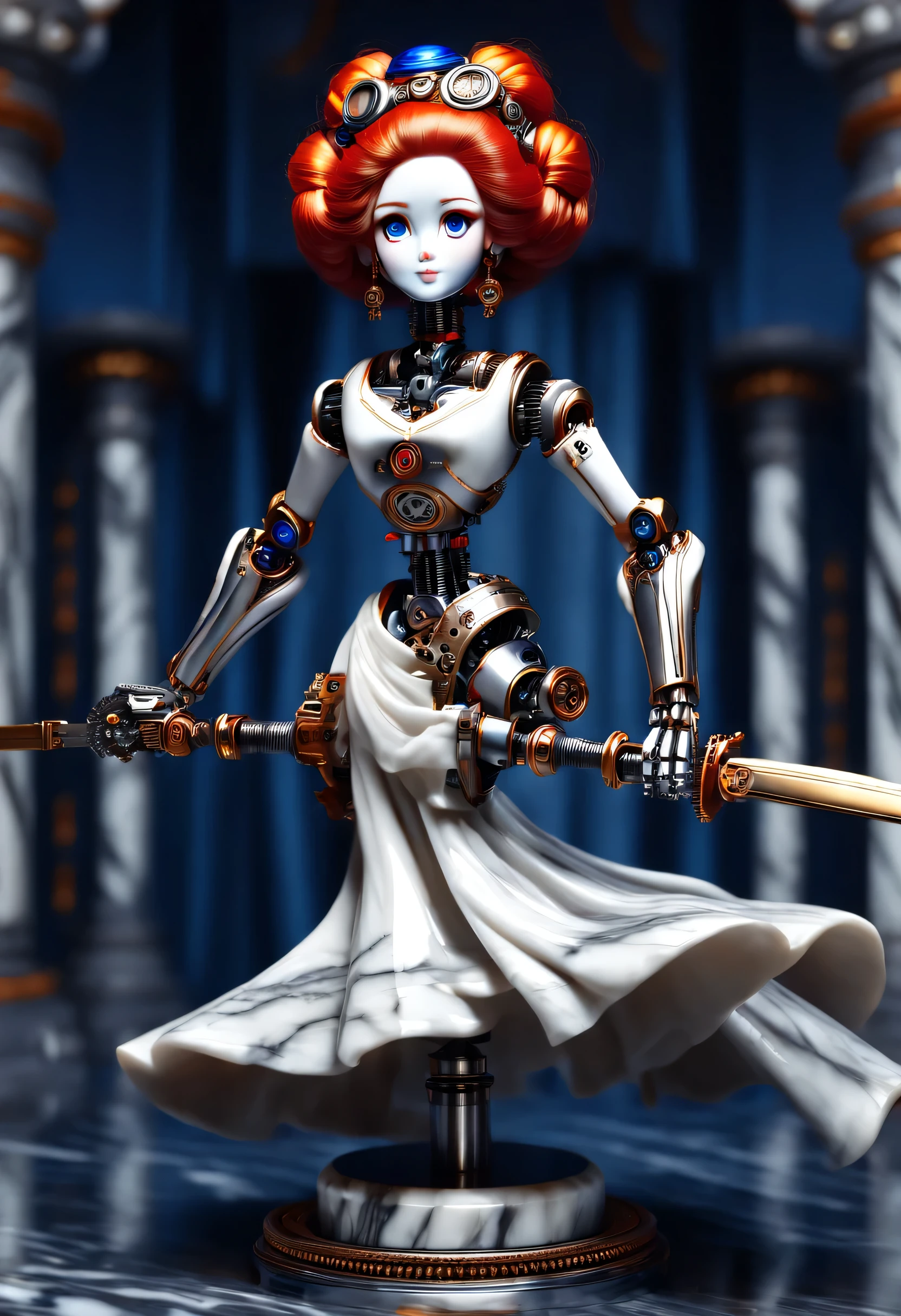 （Mechanical doll practicing swordsmanship），Marble sculpture style, robot character, Beautiful and meticulous，Mechanical doll design，，Mechanical clockwork，gear，Mechanical device base，Insert the top screw key into the back of the doll，Extra long red double braided hair，blue and orange skirt，rotate，dance，8k，Ultra-fine，lifelike，high resolution，Motion ray tracing，