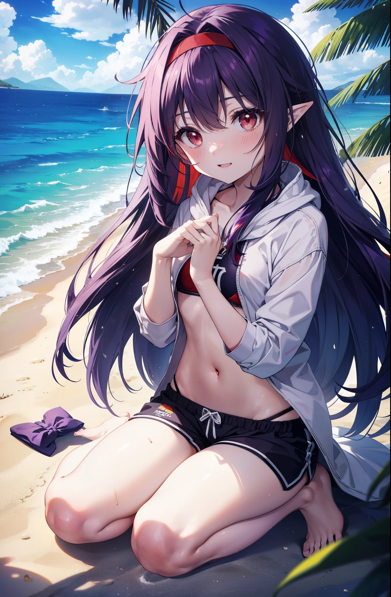 yuukikonno, Yuki Konno, long hair, hair band, pointy ears, purple hair, smile,blush,(red eyes:1.5), (small breasts:1.2), naked neck,open your mouth,purple hoodie,bikini swimwear,shorts,barefoot,Cute Sandals,Midsummer,Palm tree,daytime,Light of the sun,walk on the sandy beach,
壊す looking at viewer, Upper body, whole body,
rest outdoors, coastal street,destroy the beach (masterpiece:1.2), highest quality, High resolution, unity 8k wallpaper, (shape:0.8), (fine and beautiful eyes:1.6), highly detailed face, perfect lighting, Very detailed CG, (perfect hands, perfect anatomy),