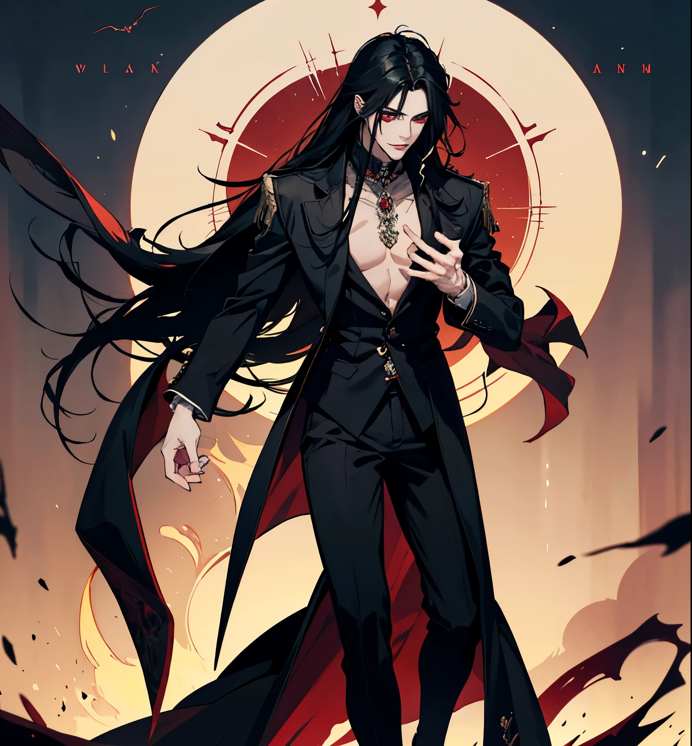 black hair, alucard, full body, beautiful male god of death, vampire fashion, detailed anime character art, male vampire of clan banu haqim, full body black and red longcoat, l vampire, with his long black hair, androgynous vampire, detailed 25 year old male face, ultra realistic anime red eyes no emotions, INTJ, intelligent, sexy, attractive, full body, tongle, no clothes, no shirt