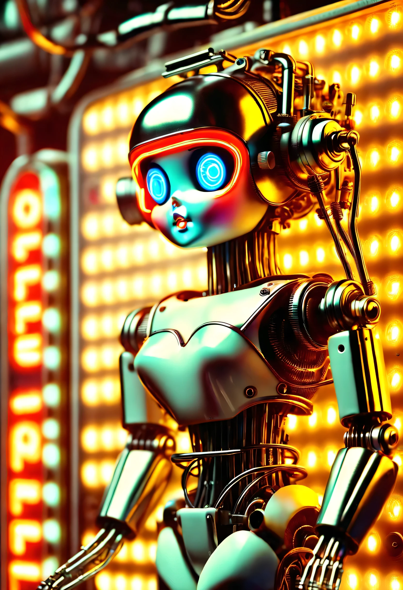 Mechanical doll from 1970s futuristic retro neon, Digital display with connecting wires, Ken W. Purdy, Coffee background, take photos, side shot, iconic design, photorealism, Surrealism, Ultra-detailed, 8k