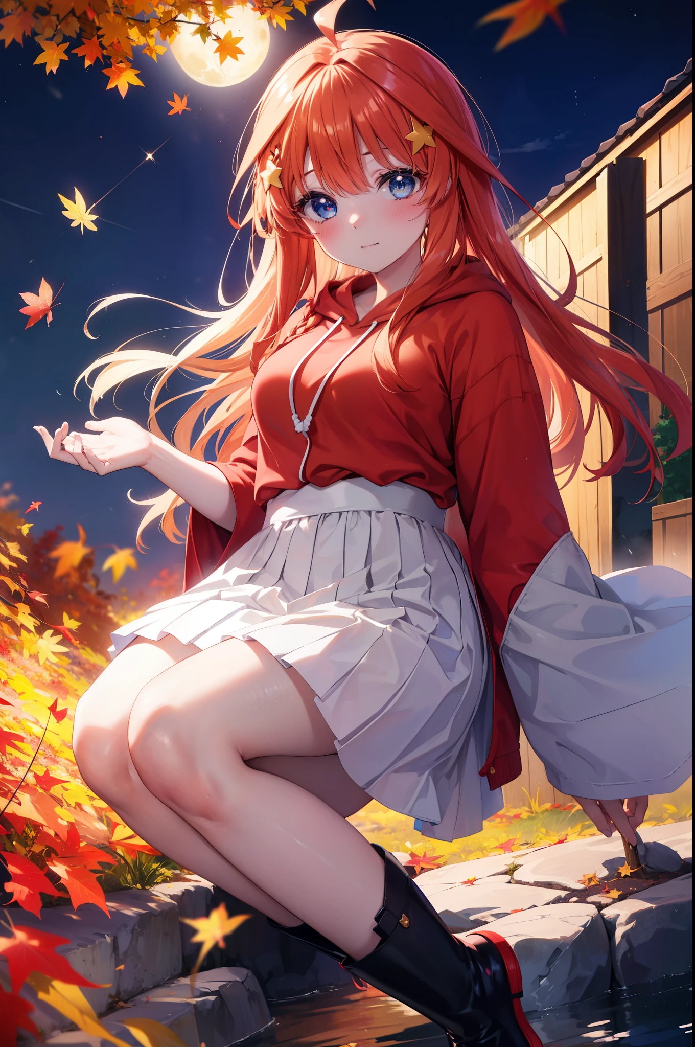itsukinakano, Itsuki Nakano, bangs, blue eyes, hair between eyes, Ahoge, redhead, star \(symbol\), hair ornaments, star hair ornaments,smile,blush,short braided hair,long hair,Red hoodie,white long skirt,short boots,Tsukimi,moonlight,night,Autumn leaves are scattered,
break outdoors, garden,
break (masterpiece:1.2), highest quality, High resolution, unity 8k wallpaper, (figure:0.8), (detailed and beautiful eyes:1.6), highly detailed face, perfect lighting, Very detailed CG, (perfect hands, perfect anatomy),