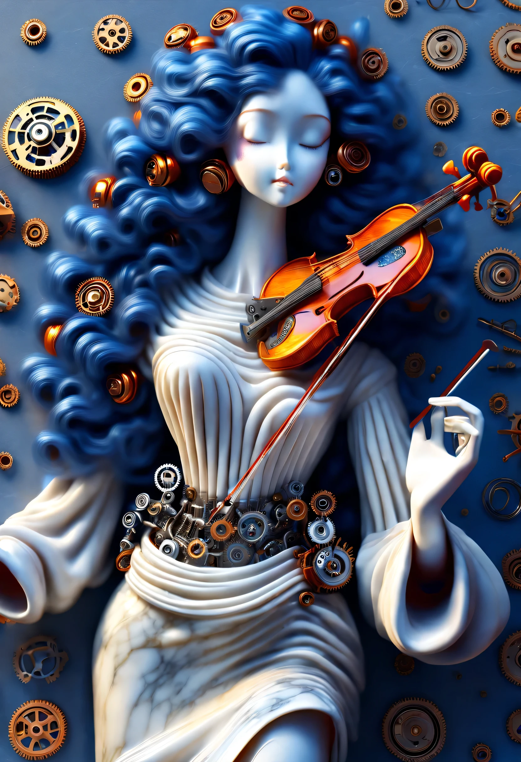 Mechanical doll design，Marble sculpture style（Mechanical doll playing violin）, robot character, Beautiful and meticulous，Mechanical clockwork，gear，（Mechanical device log library），Insert the top screw key into the back of the doll，Extra long red double braided hair，blue and orange skirt，rotate，dance，8k，Ultra-fine，lifelike，high resolution，Motion ray tracing，