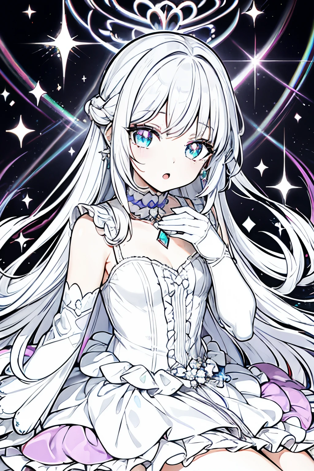 4k, high detail. Anime, anime style, 4k , 1other, pastel rainbow long hair detailed, sparkle effect, pastel,1other, short crystal hair, blue eyes, white hair, choker ,white crystal hair, earrings, jewelry, music, open mouth, white rainbow hair, long hair, singing, solo, sitting, pastel rainbow long hair, bangs, diamond \(gemstone\), elbow gloves, eyelashes, gloves, gemstone, looking at viewer, multicolored eyes, white hair, pastel rainbow hair, shiny, shiny hair, long hair, solo, sparkle, white hair , sparkle effect, cute illustration, line art, very thin line art, hand drawing perfect, not colored page