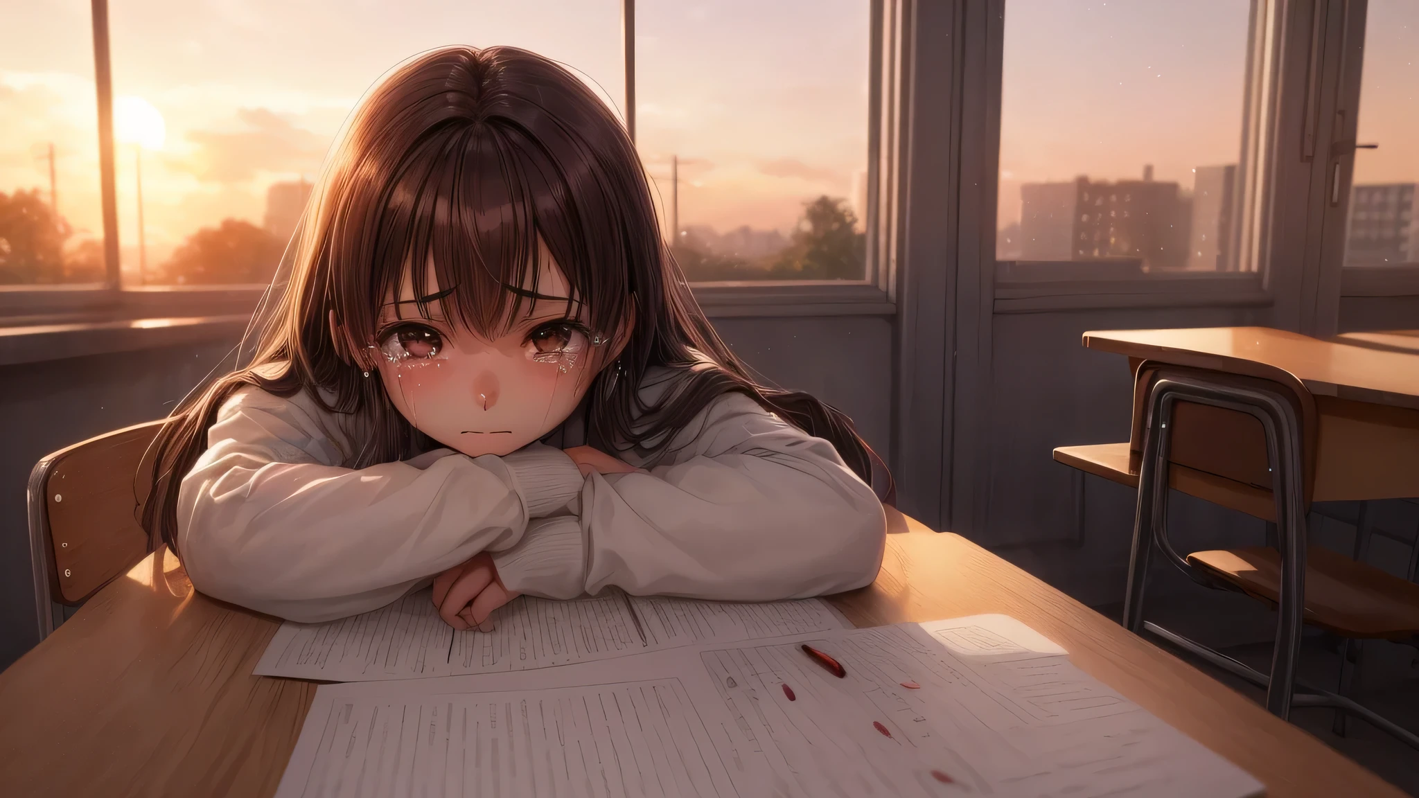 (1ung girl:1.3), long hair, brown eyes, (, tears), model, Enchanting, Sublime,  indoors, (Bokeh), (anime , anime illustration), school, classroom, eraser, sunset, alone, depth of fields, 