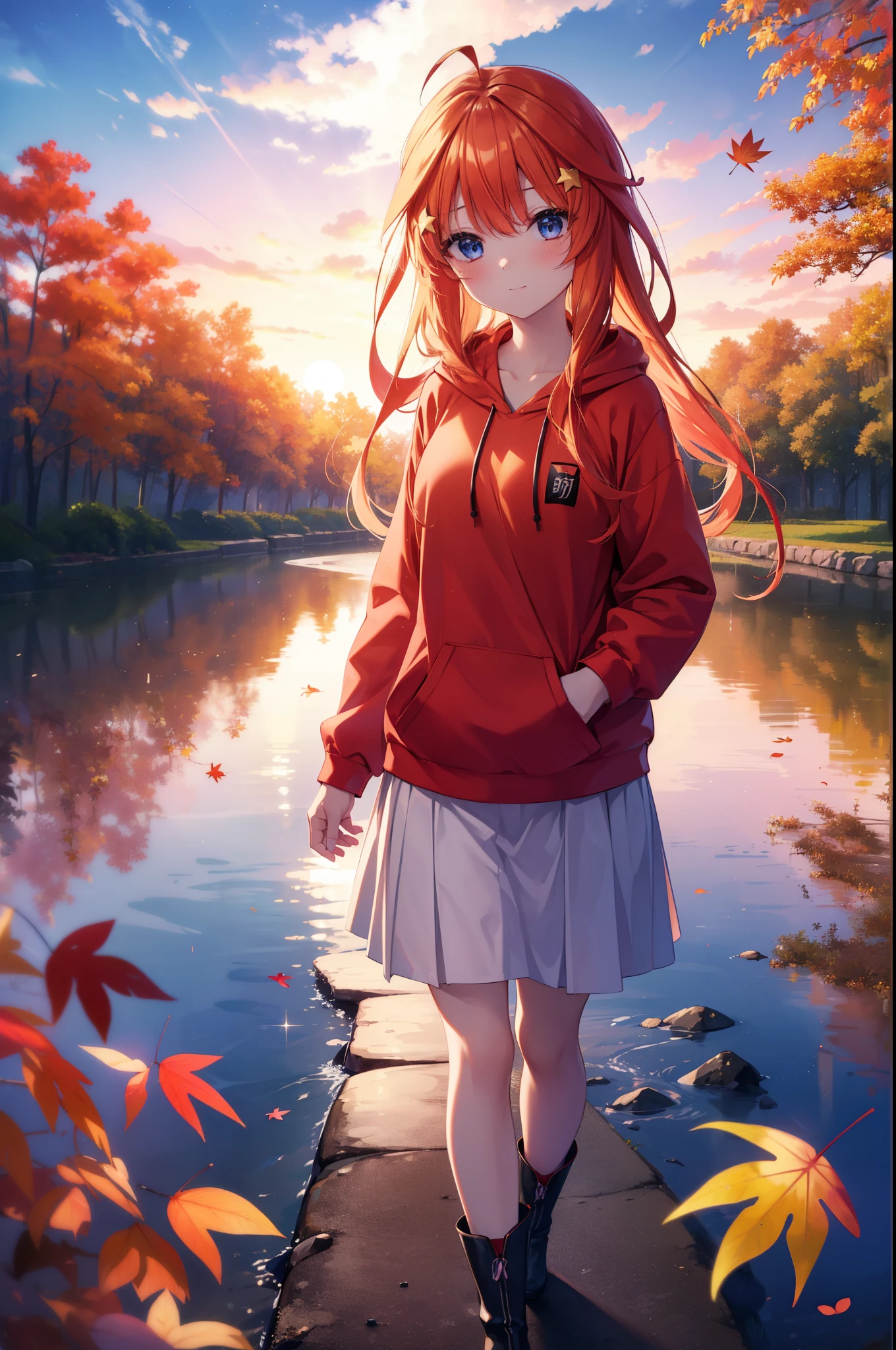 itsukinakano, Itsuki Nakano, bangs, blue eyes, hair between eyes, Ahoge, redhead, star \(symbol\), hair ornaments, star hair ornaments,smile,blush,short braided hair,long hair,Red hoodie,white long skirt,short boots,Tsukimi,moonlight,night,Autumn leaves are scattered,walking,
break outdoors, garden,
break (masterpiece:1.2), highest quality, High resolution, unity 8k wallpaper, (figure:0.8), (detailed and beautiful eyes:1.6), highly detailed face, perfect lighting, Very detailed CG, (perfect hands, perfect anatomy),