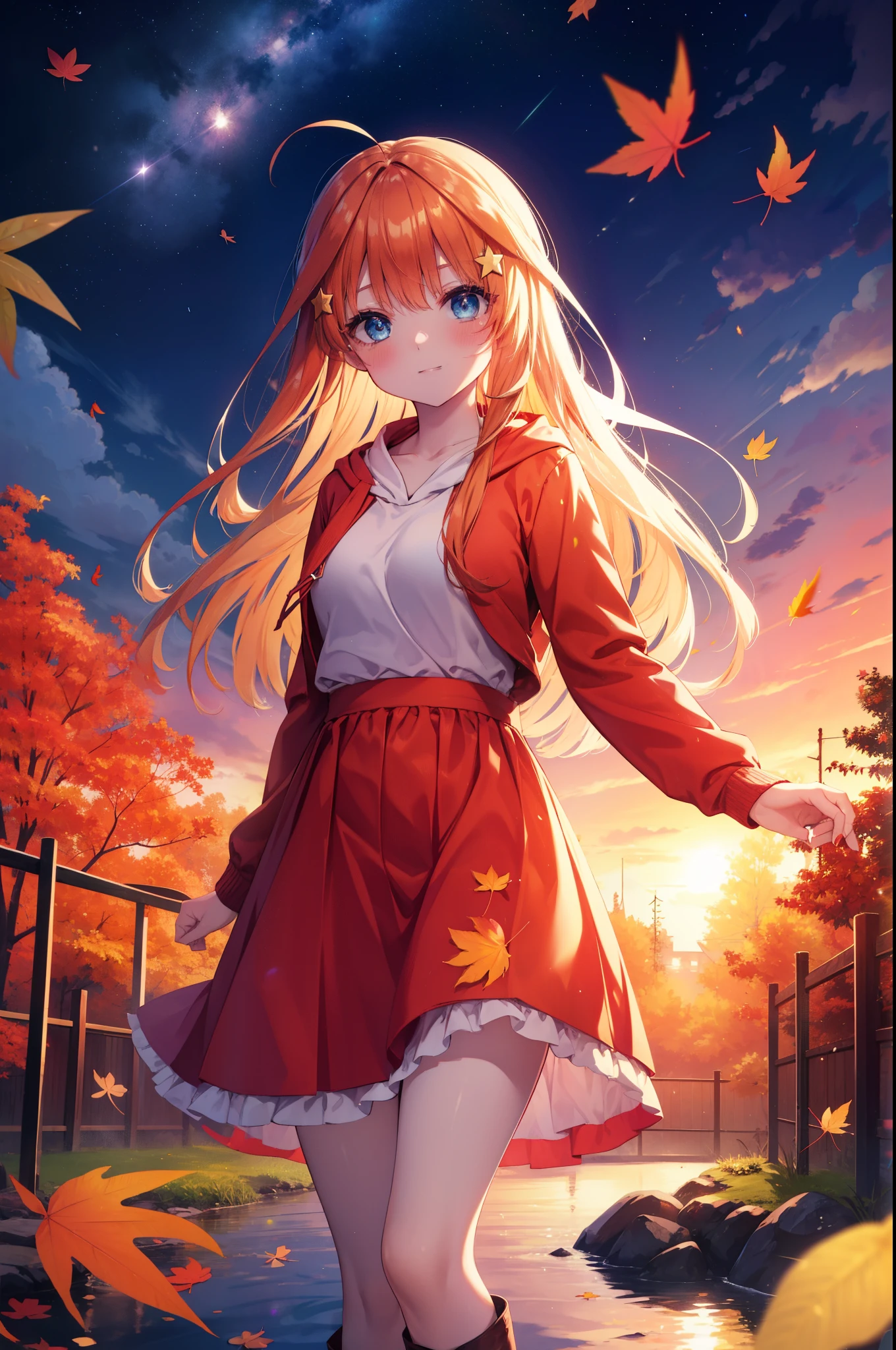 itsukinakano, Itsuki Nakano, bangs, blue eyes, hair between eyes, Ahoge, redhead, star \(symbol\), hair ornaments, star hair ornaments,smile,blush,short braided hair,long hair,Red hoodie,white long skirt,short boots,Tsukimi,moonlight,night,Autumn leaves are scattered,walking,
break outdoors, garden,
break (masterpiece:1.2), highest quality, High resolution, unity 8k wallpaper, (figure:0.8), (detailed and beautiful eyes:1.6), highly detailed face, perfect lighting, Very detailed CG, (perfect hands, perfect anatomy),