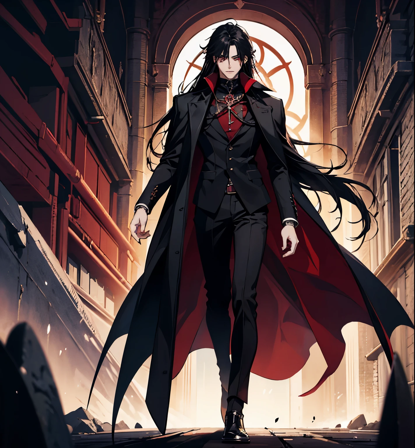 black hair, alucard, full body, beautiful male god of death, vampire fashion, detailed anime character art, male vampire of clan banu haqim, full body red and black longcoat, l vampire, with his long black hair, androgynous vampire, detailed 25 year old male face, ultra realistic anime red eyes no emotions, INTJ, intelligent, sexy, attractive, full body, tongle, no clothes, no shirt