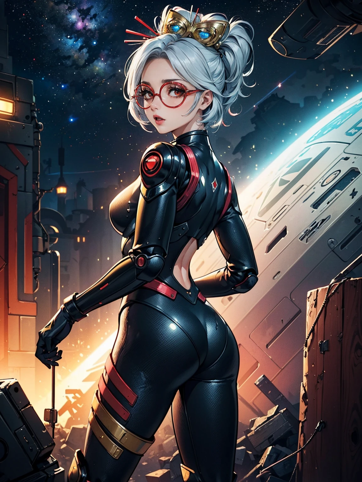 ((1girl, slolo, alone, looking back, Shy, kawai, cute, Masterpiece, Best Quality, Purah, White Hair, Red Eyes, Red Headband, Hair Ornament, Hair Sticks, Red Glasses)), ((pink lipstick, Extremely detailed, ambient soft lighting, 4k, perfect eyes, a perfect face, perfect lighting, a 1girl)) , ((((Space Detective, woman, (female exoskeleton), (red and black combat suit), wasteland, action scene, action pose, masterpiece, rich colors, Backlight, beautiful expression, fantasy art, character art, metallic red and silver combat suit)), wet body, ((fitness)), standing, Beautiful))