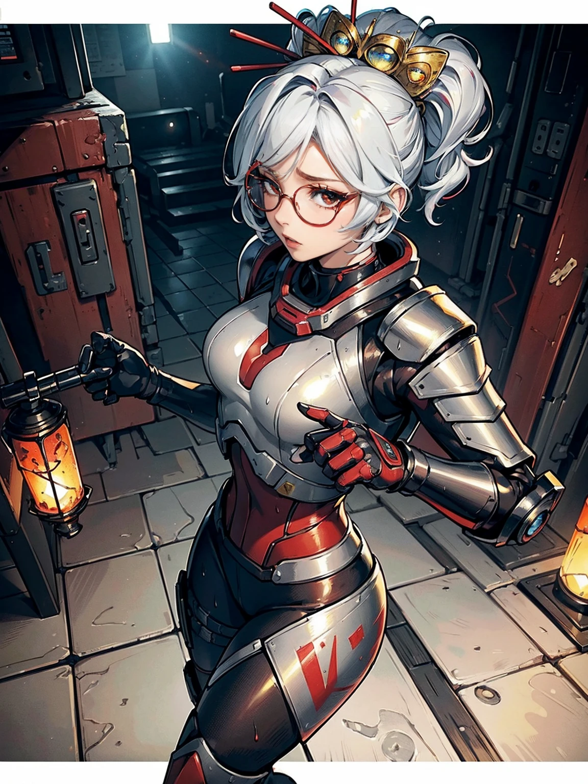 ((1girl, slolo, alone, looking back, Shy, kawai, cute, Masterpiece, Best Quality, Purah, White Hair, Red Eyes, Red Headband, Hair Ornament, Hair Sticks, Red Glasses)), ((pink lipstick, Extremely detailed, ambient soft lighting, 4k, perfect eyes, a perfect face, perfect lighting, a 1girl)) , ((((Space Detective, woman, (female exoskeleton), (red and black combat suit), wasteland, action scene, action pose, masterpiece, rich colors, Backlight, beautiful expression, fantasy art, character art, metallic red and silver combat suit)), wet body, ((fitness)), standing, Beautiful))