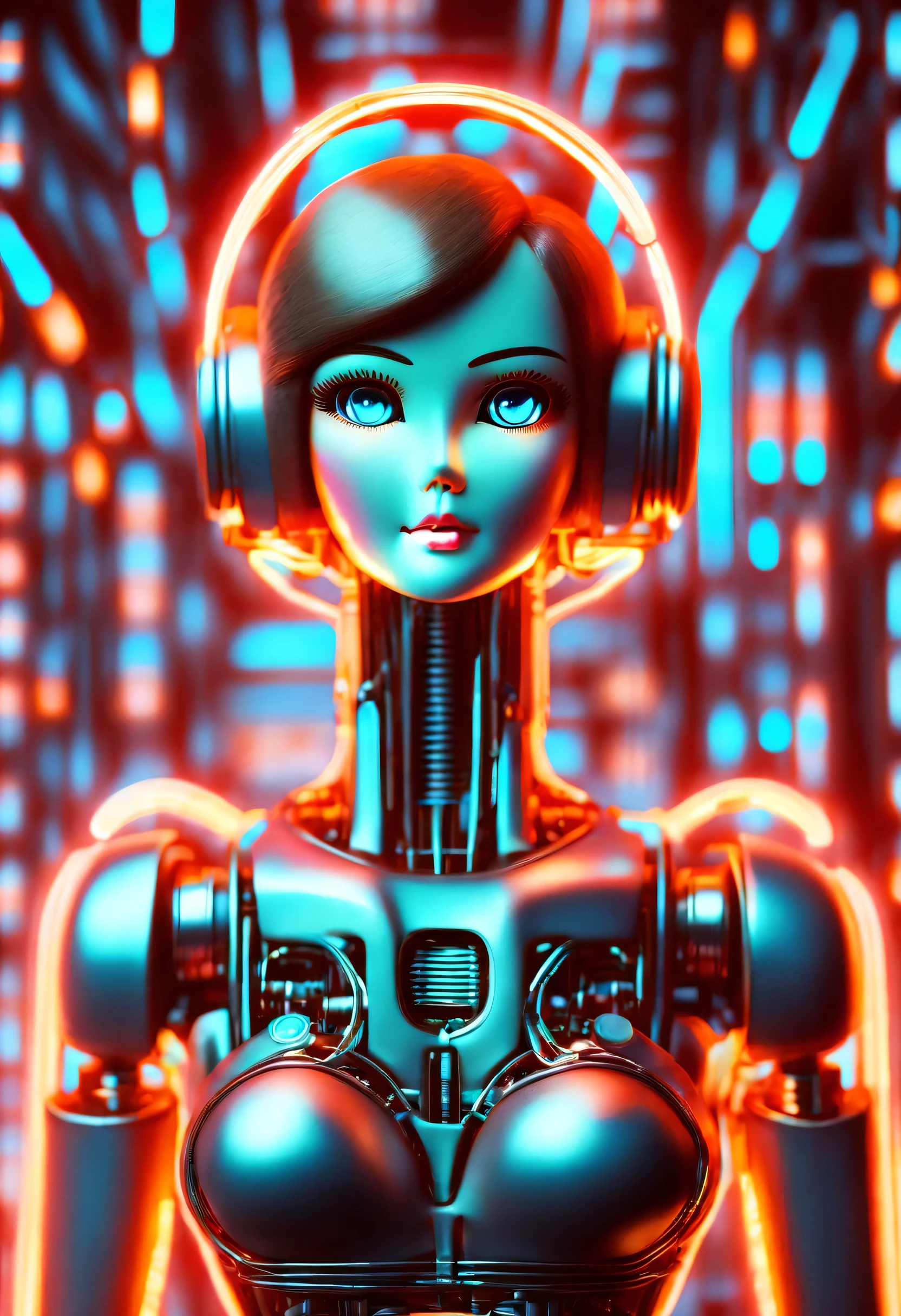 Mechanical doll from 1970s futuristic retro neon, （whole body），Digital display screen connected with wires, Ken W. Purdy, Coffee background, take photos, side shot, iconic design, photorealism, Surrealism, Ultra-detailed, 8k