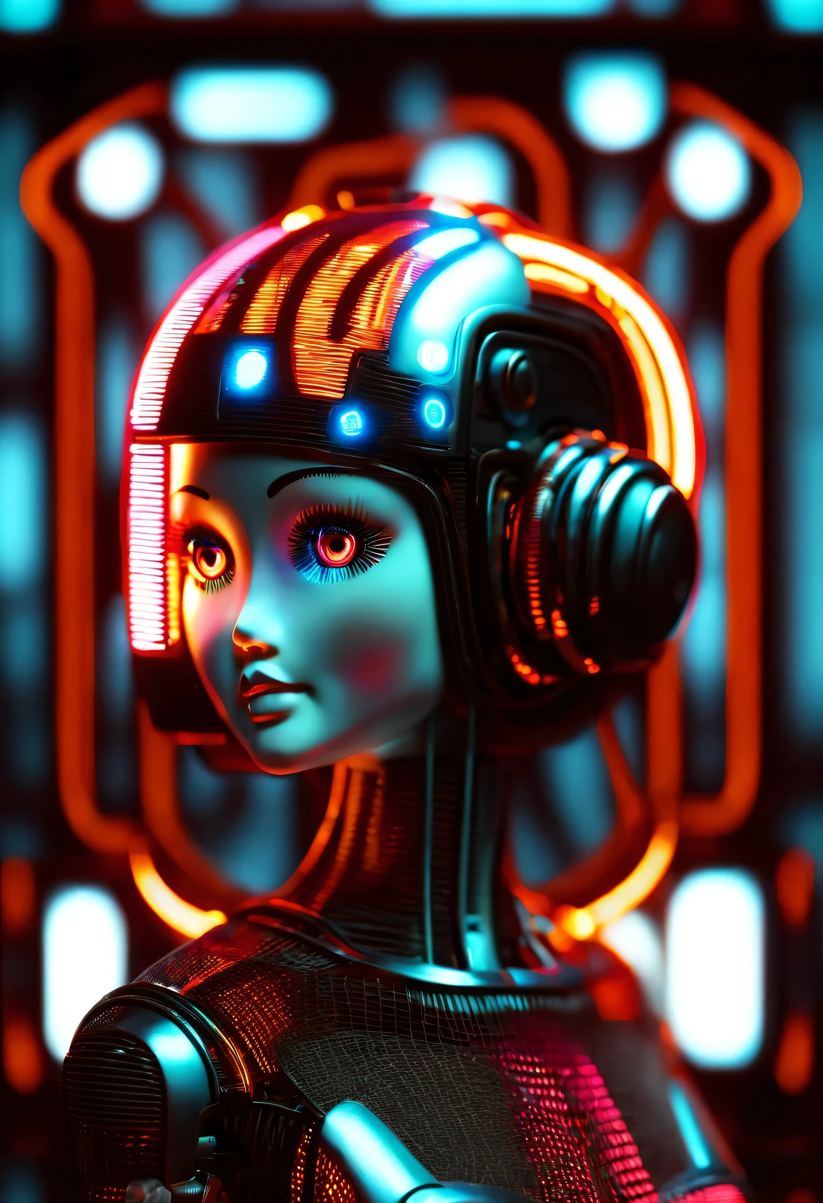 Mechanical doll from 1970s futuristic retro neon, （whole body），Digital display screen connected with wires, Ken W. Purdy, Coffee background, take photos, side shot, iconic design, photorealism, Surrealism, Ultra-detailed, 8k