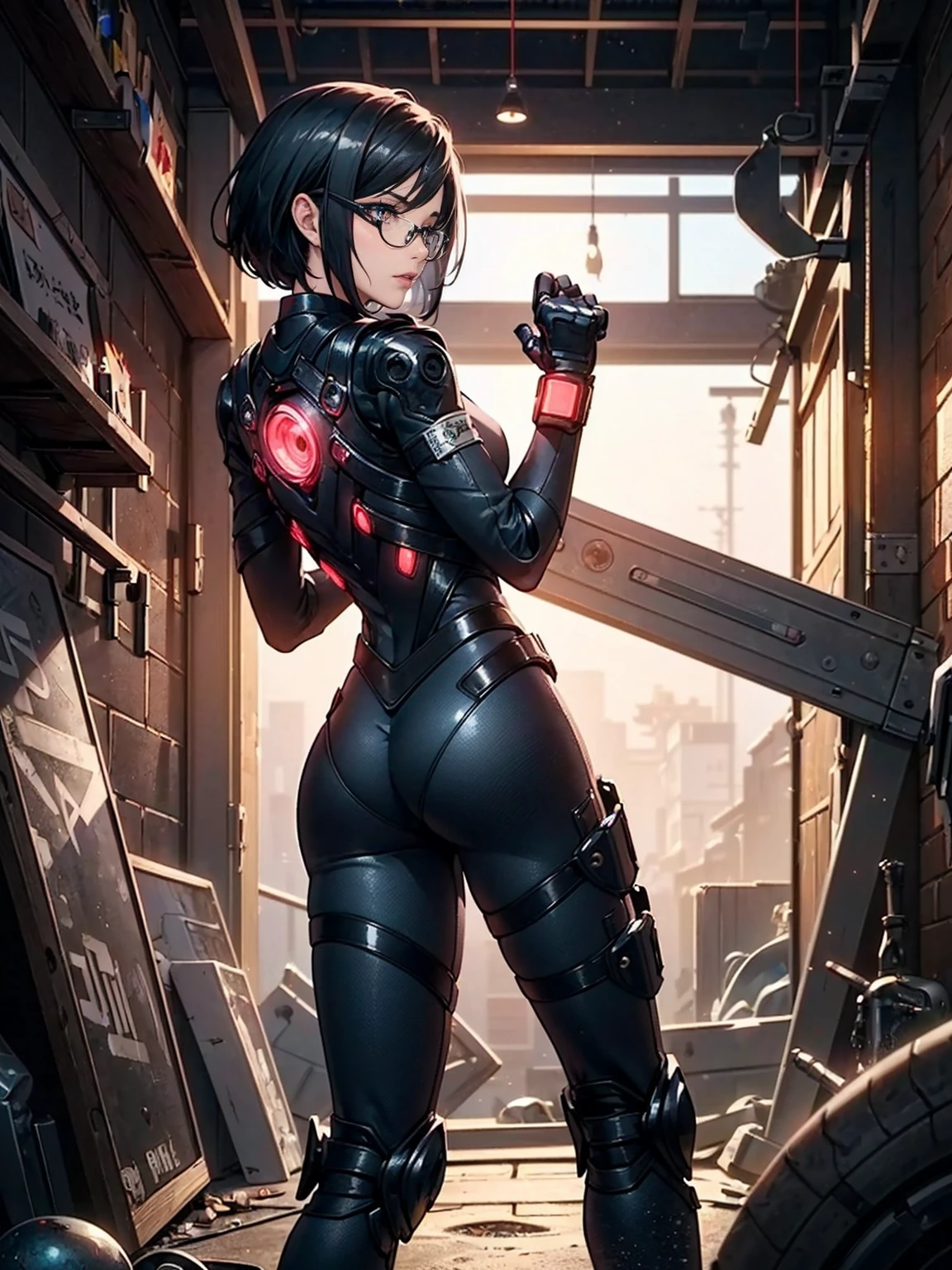 ((1girl, slolo, alone, WakatsukiRisa, smug, black hair, short hair, glasses, brown eyes, wide hips, malicious, (small breasts))), smug,  ((pink lipstick, Extremely detailed, ambient soft lighting, 4k, perfect eyes, a perfect face, perfect lighting, a 1girl)) , ((((Space Detective, woman, (female exoskeleton), (red and black combat suit, fighting pose), wasteland, action scene, action pose, masterpiece, rich colors, Backlight, beautiful expression, fantasy art, character art, metallic red and silver combat suit)), wet body, ((fitness)), standing, Beautiful))