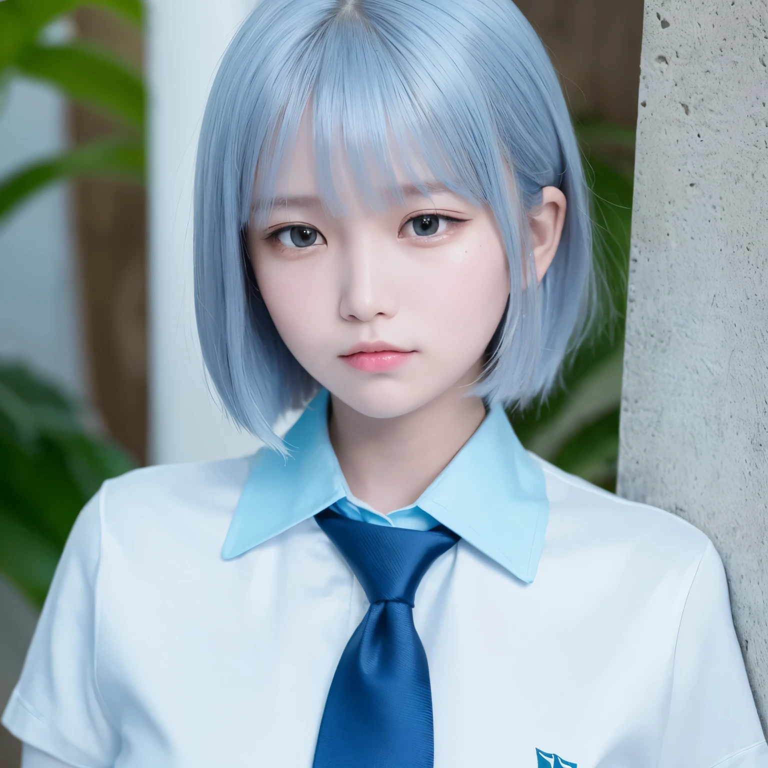 best quality, ultra high res, (photorealistic1.4), 1girl, (white shirt), (light blue necktie), (light blue short hair:1.3), bangs, red eyes, ((puffy eyes)), ((upper body)), (((looking at viewer))), ((closeup)), wearing indonesian high school uniform, indo highschool uniform,