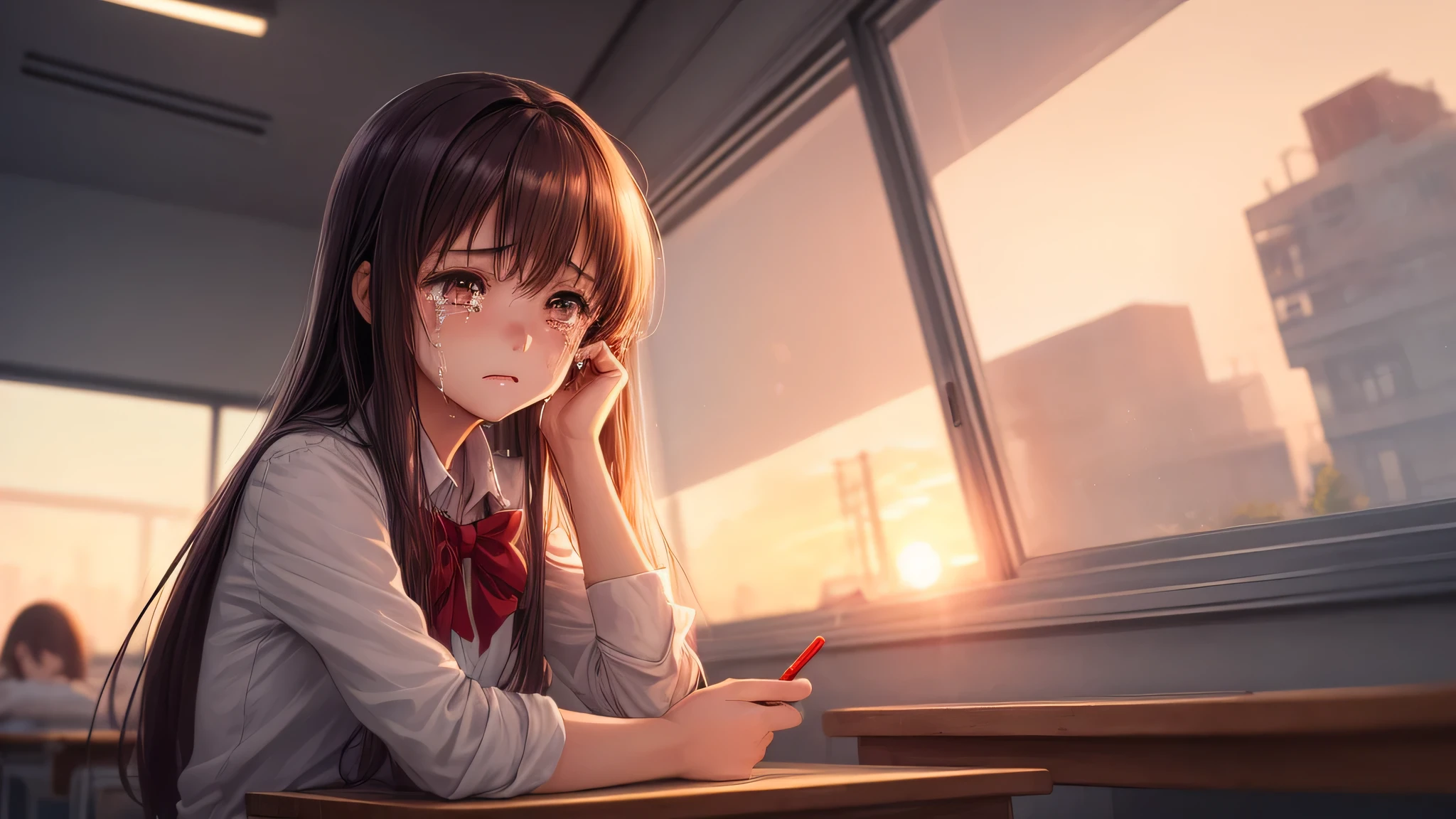 (1young girl:1.3), long hair, brown eyes, (, tears), model, Enchanting, Sublime, indoors, (Bokeh), (anime , anime illustration), school, classroom, eraser, sunset, alone, depth of fields,