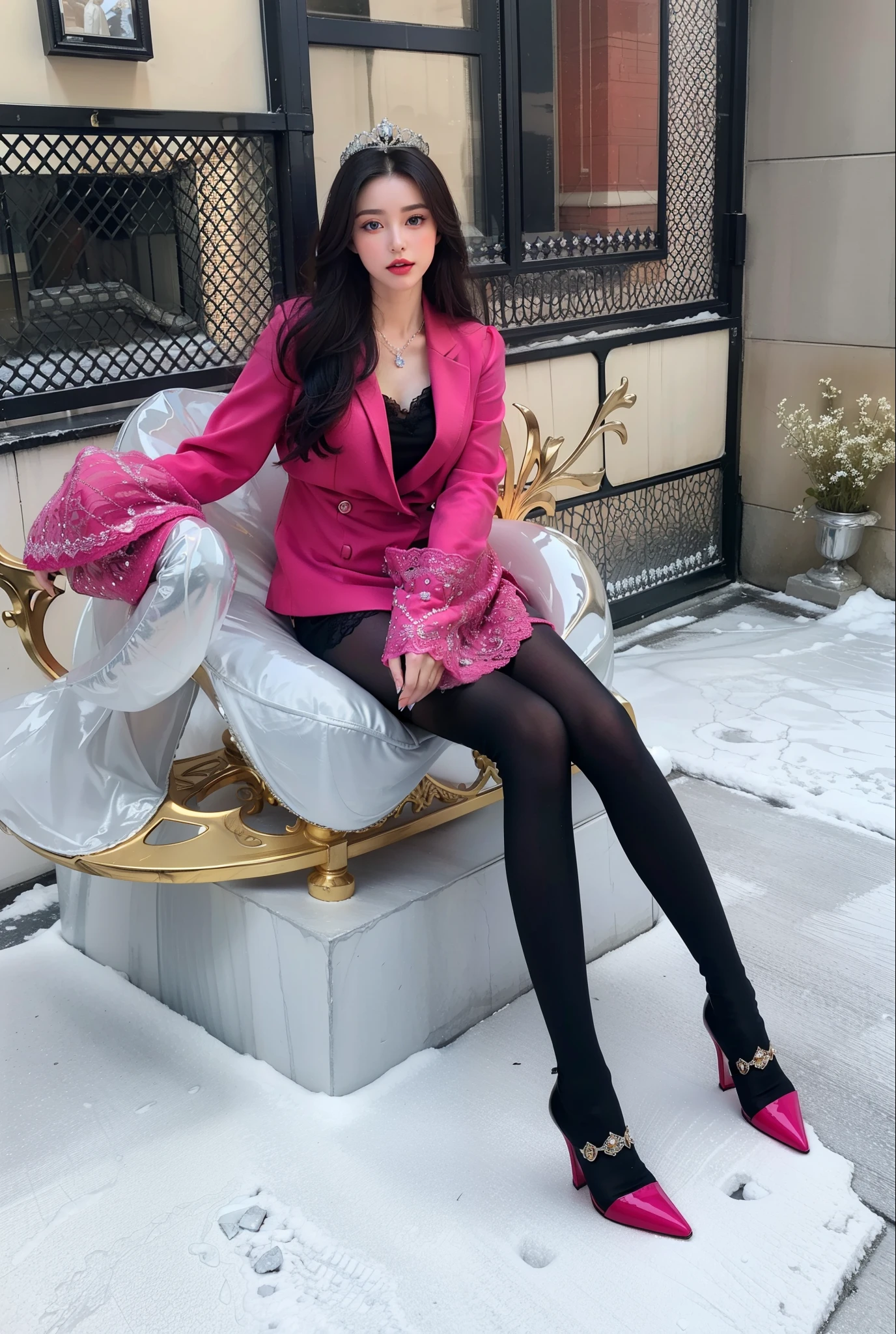 Royal sister，exquisite eyes，Detailed facial expressions body，tall figure，Leg length，4k，HD，translucent lace，Fair and plump figure，pretty face，Little cherry mouth，beautiful and delicious（3D royal sister），exquisite dress，Wear crystal jewelry，Gorgeous crystal gems，Gem and jewelry crown，The color of the picture is very bright，Gorgeous ice and snow princess，stockings high heel boots，five fingers