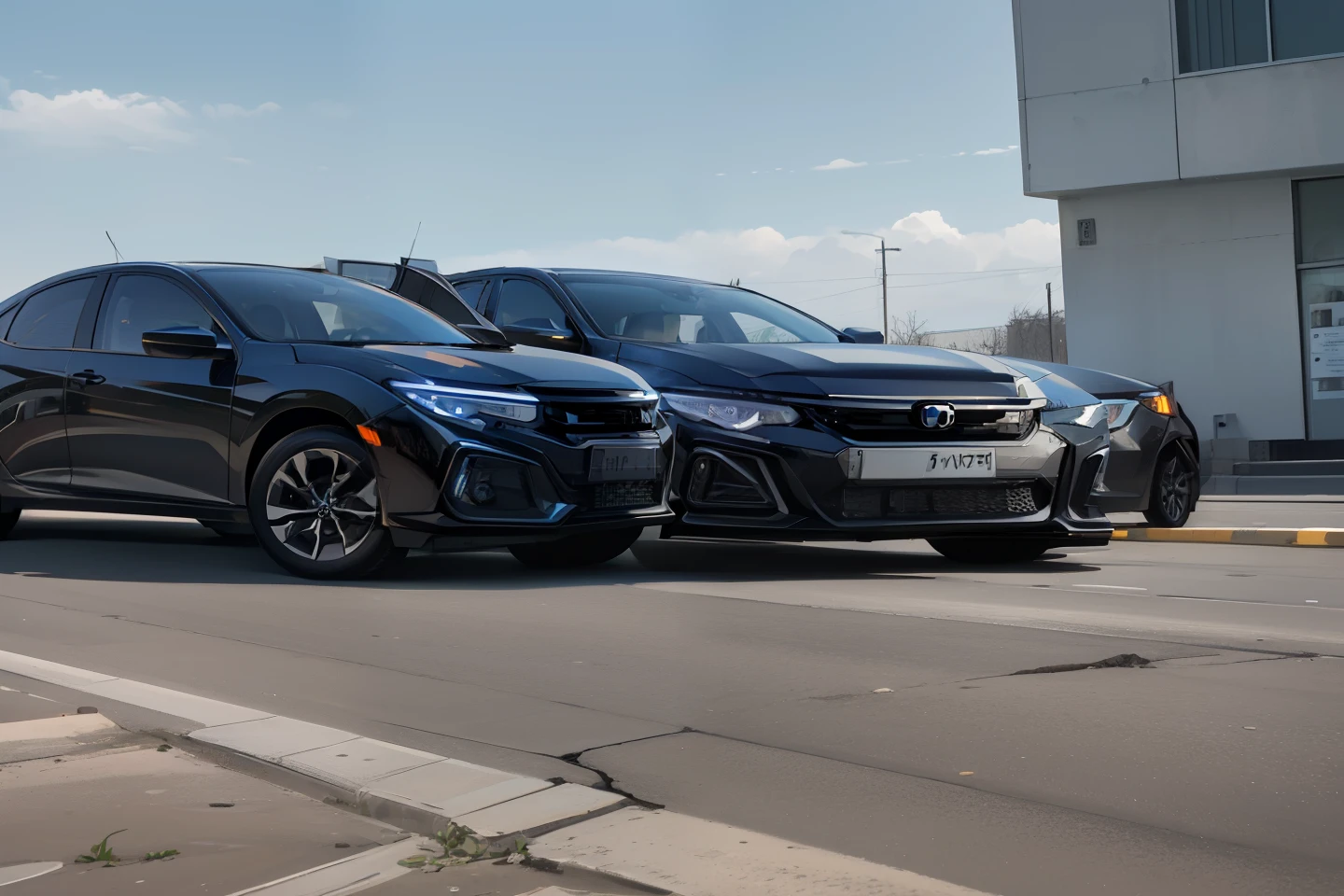 2018 black Honda Civic car parked on the side of the road in front of a building, imagem de alta qualidade, angle of the front of the car, perfil frontal, foto frontal, frente, Accompanying hybrid, medium wide frontal shot, post-processed, perfil frontal shot, foto da capa, post-processed, hydrogen fuel cell vehicle, retrato frontal, a plano amplo, plano amplo ; contraste dinamico
