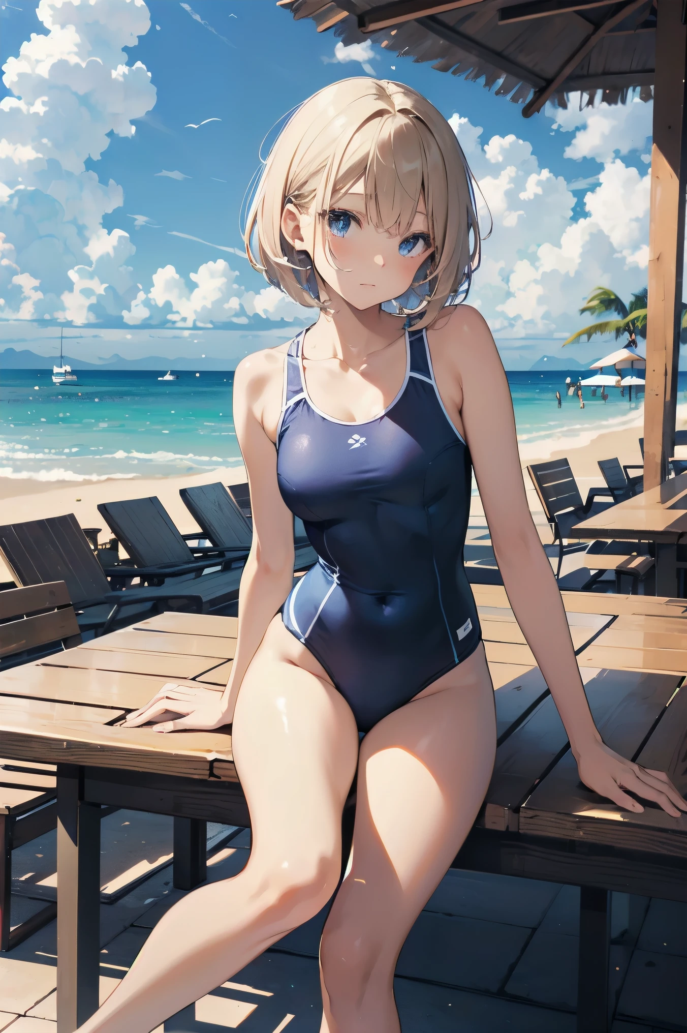 High quality、highest quality、complete limbs、Ultra high definition、vivid colors、very short hair、bob cut、Sparkling eyes、full finger、slender beauty、knee high、school swimsuit、school swimwear、surprised、resort hotel
