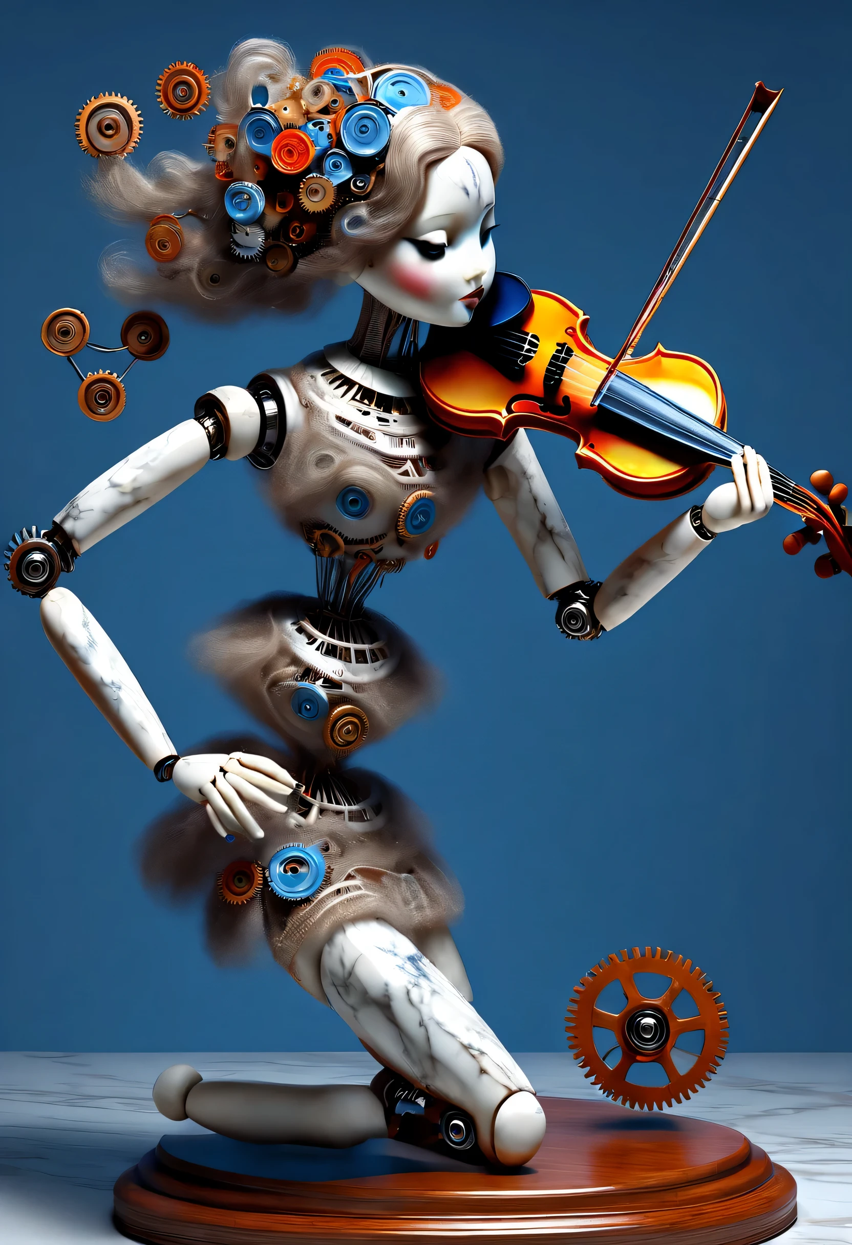 Marble sculpture style, Mechanical doll design, (whole body), (A mechanical doll that plays the violin), Beautiful and meticulous, Mechanical spring connects fingers to play the violin, Gears connecting slender robotic legs, (Machine-made wooden base), The top rotating key is inserted into the back of the doll, Extra long red two-strand braid, blue and orange skirt, Slender mechanical wooden arms and legs, rotate, Dance, 8k, Super detailed, lifelike, high resolution, Ray tracing,...