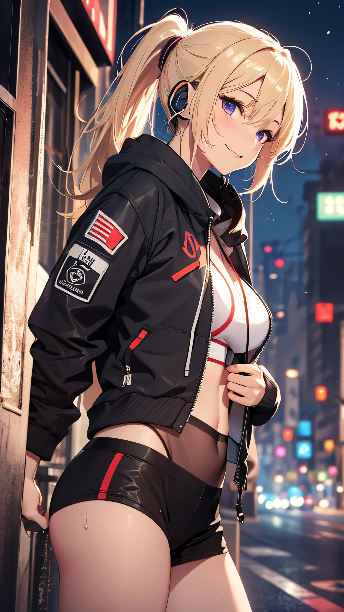 最high quality、best image quality、masterpiece、girl((20-year-old、 By becoming、vest bust、medium bust,wide open breast tea、shining eyes, blonde、long hair、thin,highest valley、ponytail、action of looking up、right arm bandage、Black and purple hoodie with a wide open chest、short belly sports pants、cool pose、holding a black smartphone、sweating、smile、forward leaning movement、earphone)),high quality、beautiful art、background((A place with a nice atmosphere at night、just the two of us))、Flight、debris flies、Depth of written boundary、movie、visual art、perfect art、8k,genuine、