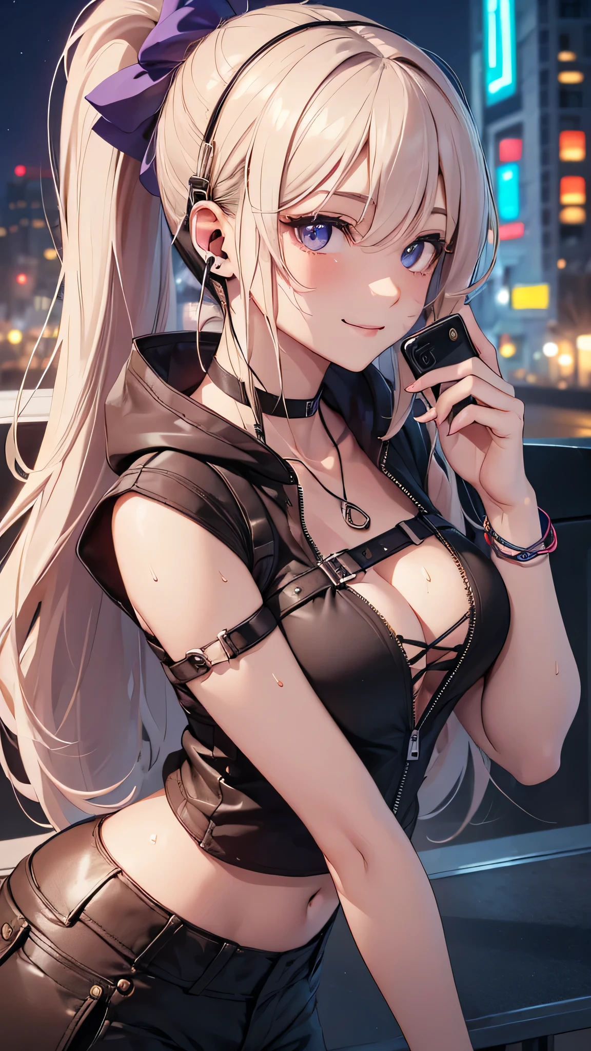最high quality、best image quality、masterpiece、girl((20-year-old、 By becoming、vest bust、medium bust,wide open breast tea、shining eyes, blonde、long hair、thin,highest valley、ponytail、action of looking up、right arm bandage、Black and purple hoodie with a wide open chest、short belly sports pants、cool pose、holding a black smartphone、sweating、smile、forward leaning movement、earphone)),high quality、beautiful art、background((A place with a nice atmosphere at night、just the two of us))、Flight、debris flies、Depth of written boundary、movie、visual art、perfect art、8k,genuine、