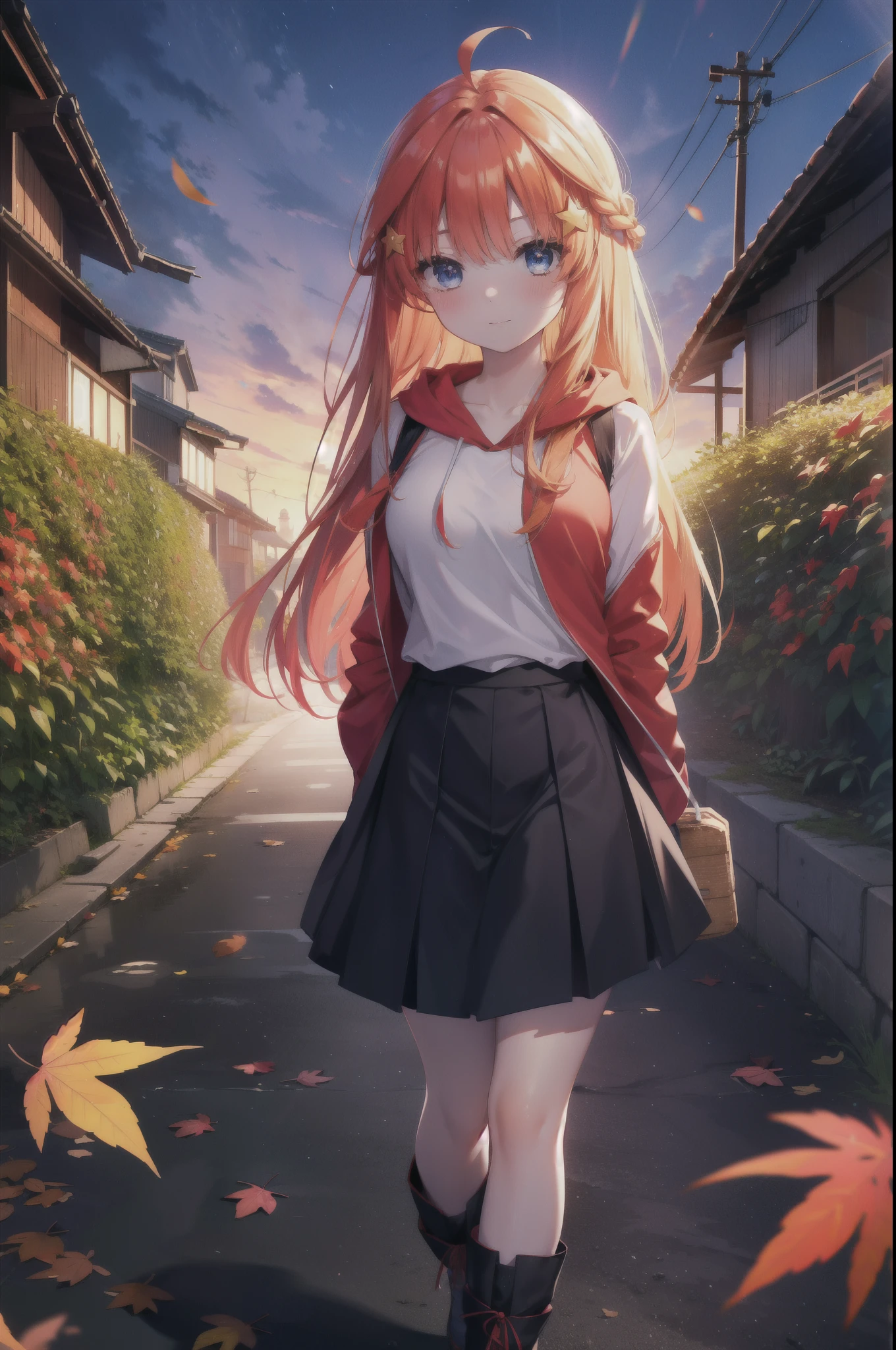 itsukinakano, Itsuki Nakano, bangs, blue eyes, hair between eyes, Ahoge, redhead, star \(symbol\), hair ornaments, star hair ornaments,smile,blush,short braided hair,long hair,Red hoodie,white long skirt,short boots,Tsukimi,moonlight,night,Autumn leaves are scattered,walking,
break outdoors, garden,
break (masterpiece:1.2), highest quality, High resolution, unity 8k wallpaper, (figure:0.8), (detailed and beautiful eyes:1.6), highly detailed face, perfect lighting, Very detailed CG, (perfect hands, perfect anatomy),