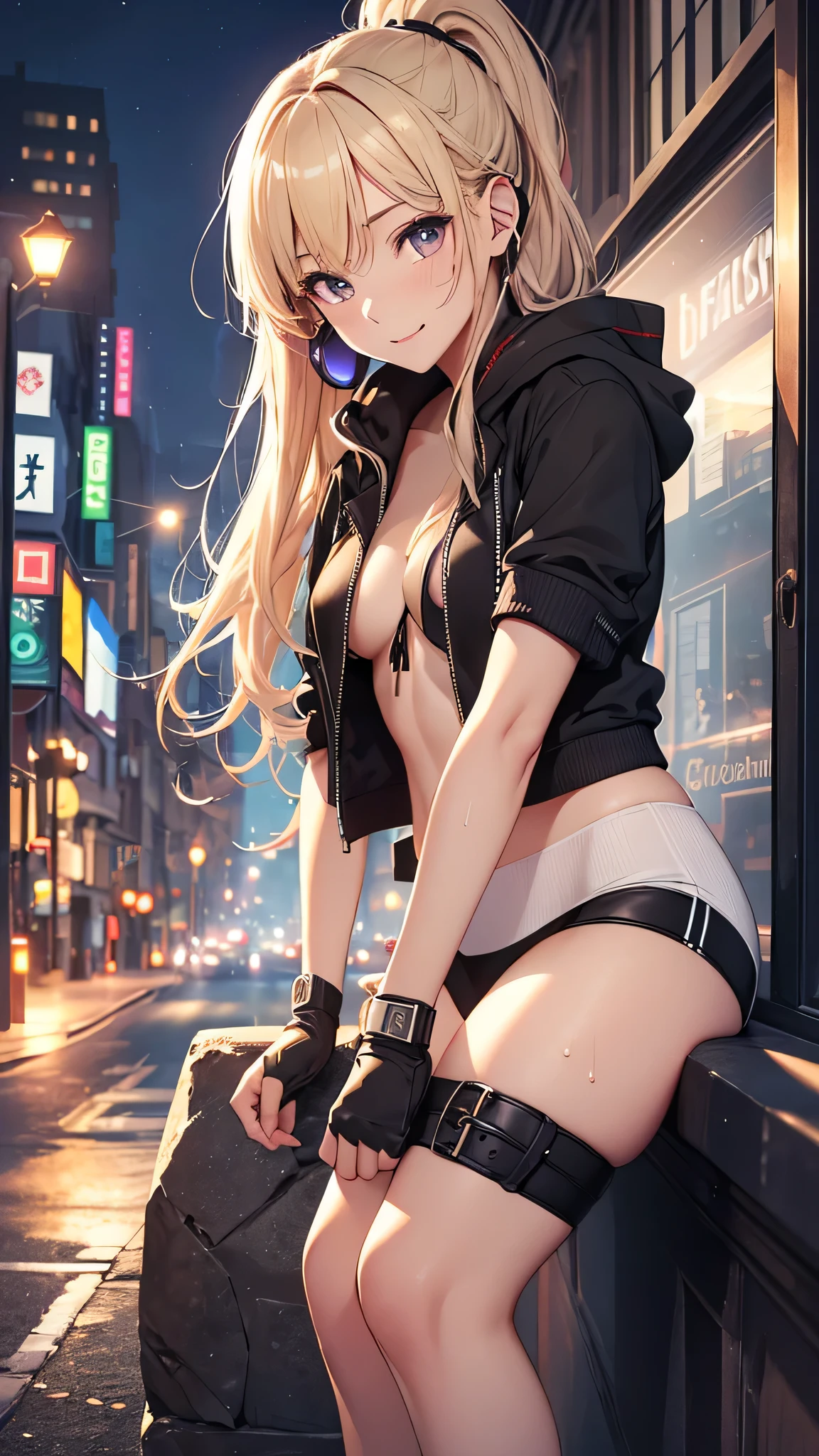 最high quality、best image quality、masterpiece、girl((20-year-old、 By becoming、vest bust、medium bust,wide open breast tea、shining eyes, blonde、long hair、thin,highest valley、ponytail、action of looking up、right arm bandage、Black and purple hoodie with a wide open chest、short belly sports pants、cool pose、holding a black smartphone、sweating、smile、forward leaning movement、earphone)),high quality、beautiful art、background((A place with a nice atmosphere at night、just the two of us))、Flight、debris flies、Depth of written boundary、movie、visual art、perfect art、8k,genuine、