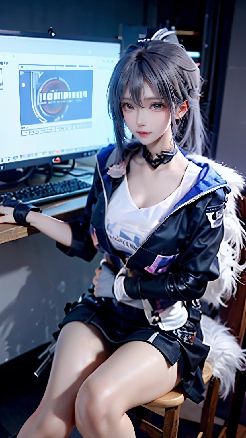 silver wolf,Supermodel, voluptuous,girl sitting,Perfect details,spoiled look,Try to hug the screen,dark room,gaming pc,gentle expression,cheeks are red