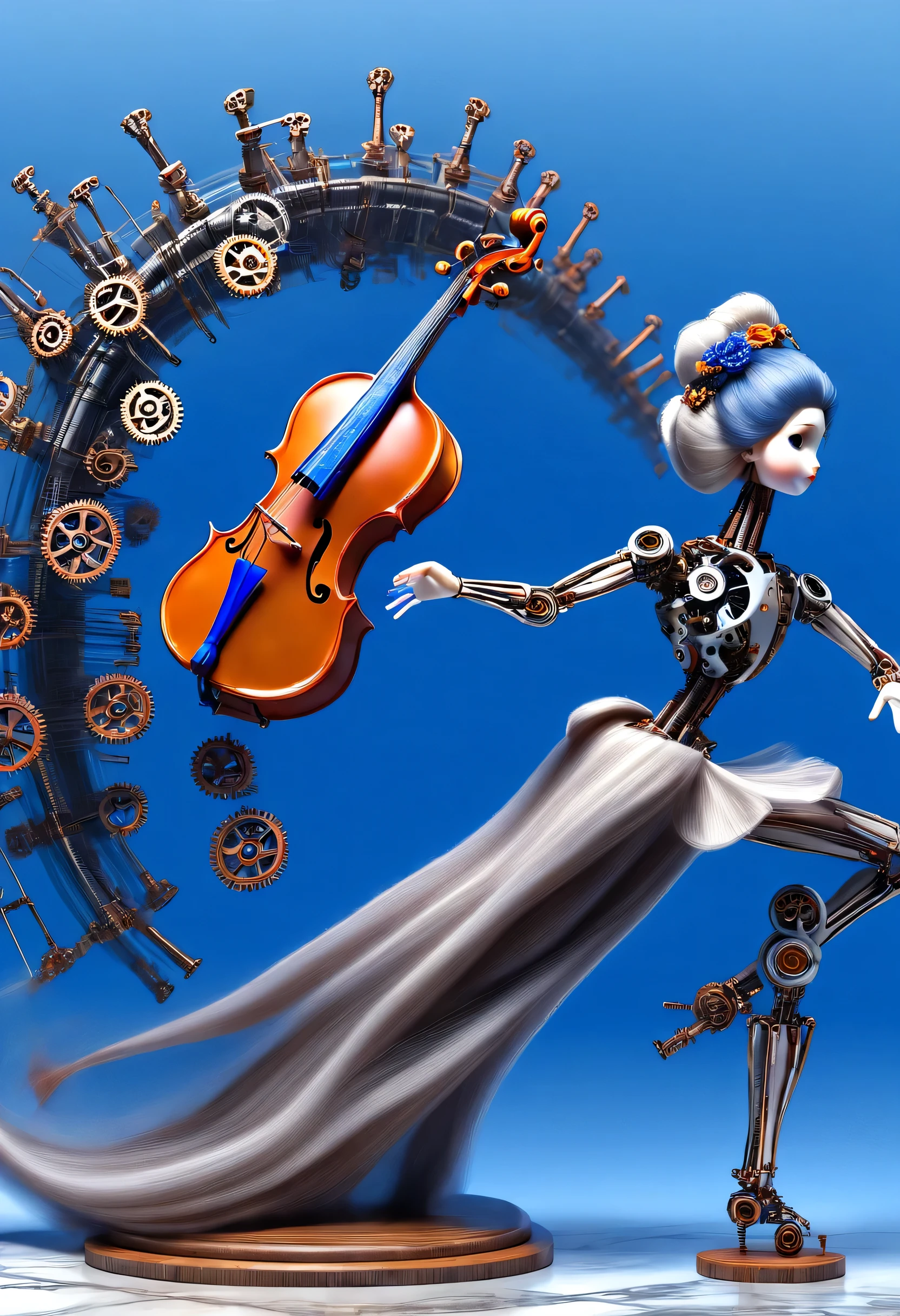 Marble sculpture style, role conception, (whole body), (A mechanical doll is playing the cello), Beautiful and meticulous, Mechanical wires connecting doll&#39;s bow fingers, The gear that connects the slender legs, (log-based mechanism), The key spring is inserted into the back of the doll, cute and beautiful face, Extra long red double braid, blue and orange skirt, Slender mechanical wooden arms and legs, rotate, Dance, 8k, Super detailed, actual, high resolution, Ray tracing,