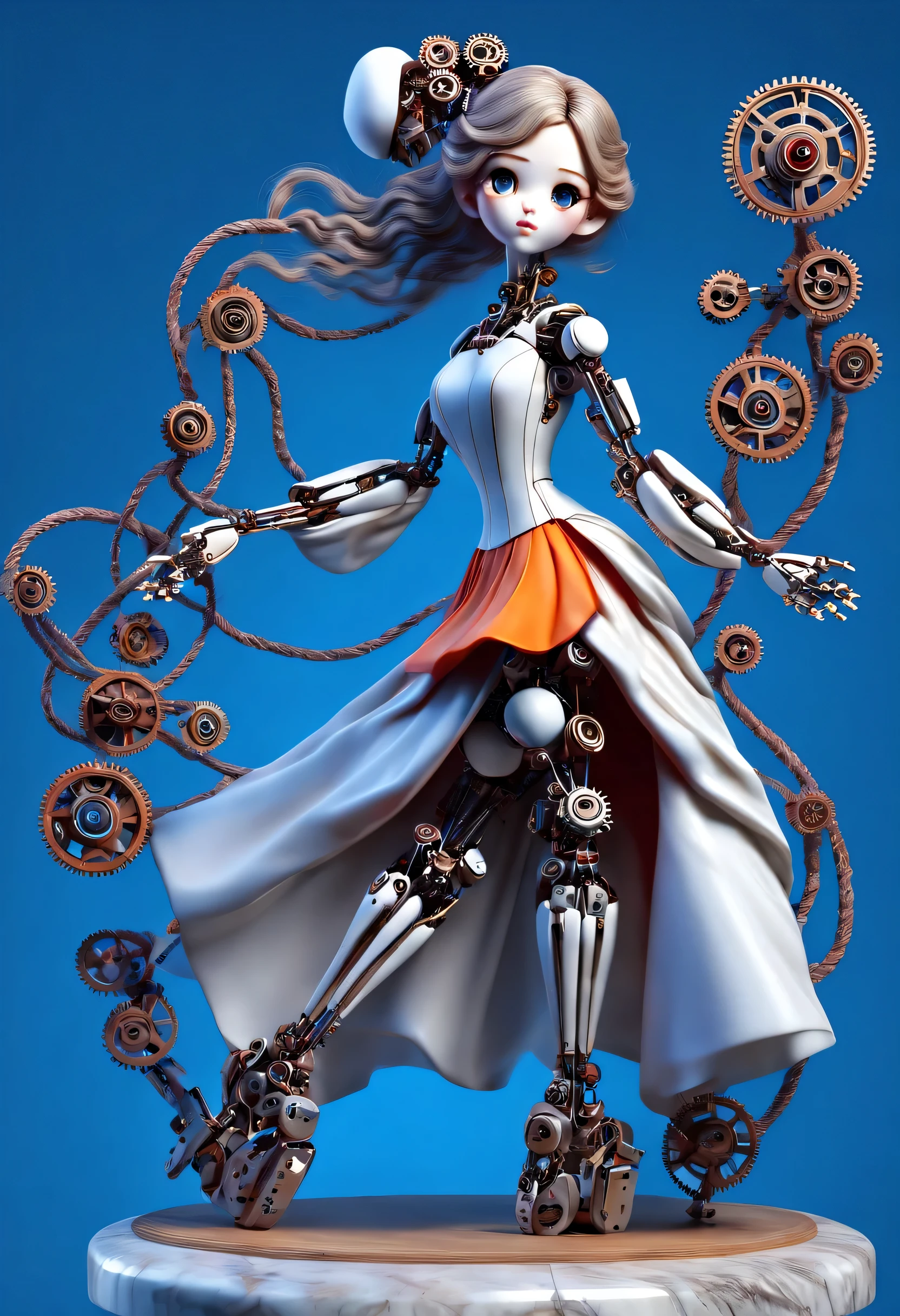 Marble sculpture style, role conception, (whole body), (a mechanically constructed doll is playing 电吉他), Beautiful and meticulous, Mechanical wires connecting doll&#39;s bow fingers, The gear that connects the slender legs, (log-based mechanism), The key spring is inserted into the back of the doll, cute and beautiful face, Extra long red double braid, blue and orange skirt, Slender mechanical wooden arms and legs, rotate, Dance, 8k, Super detailed, actual, high resolution, Ray tracing,