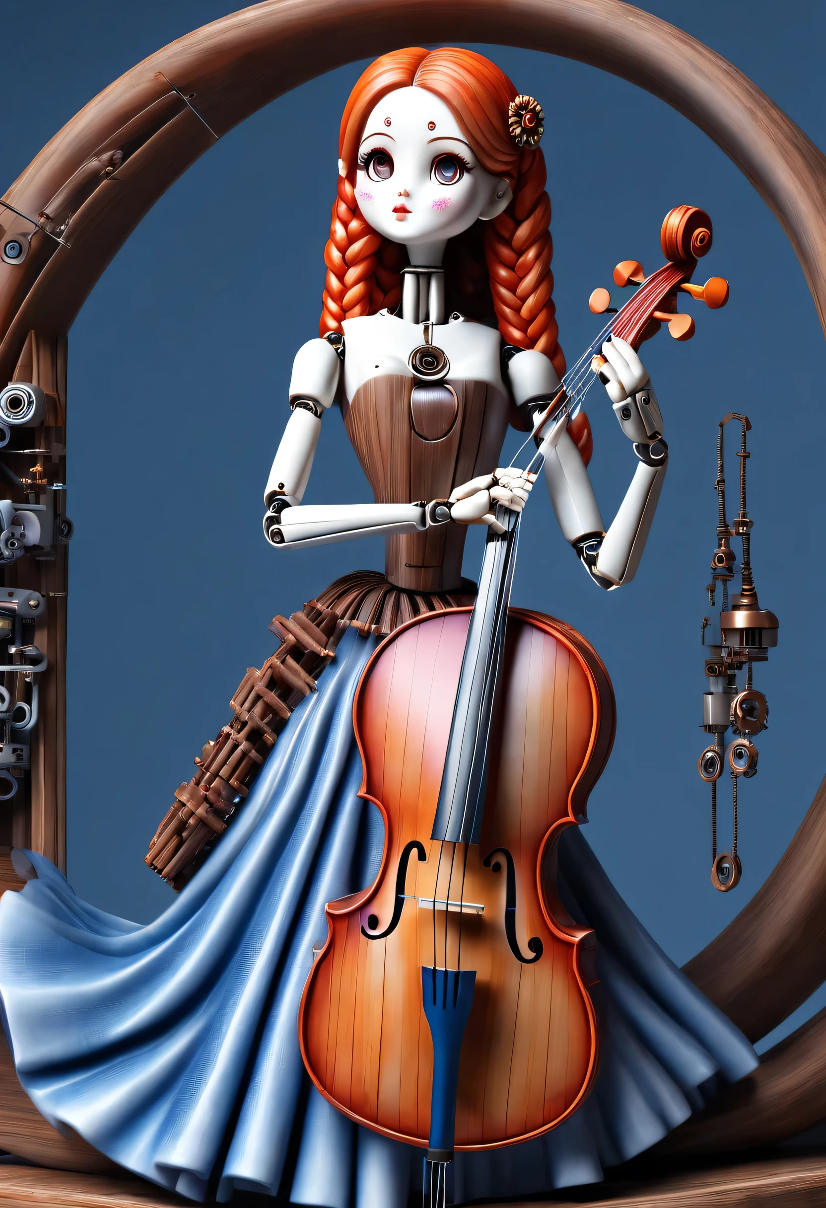 Marble sculpture style, role conception, (whole body), (A mechanical doll that plays the cello), Beautiful and meticulous, Mechanical wires hanging from the top connect the doll&#39;s fingers to the bow, Gear line connecting slender legs, (The log library of this mechanism), The key spring is inserted into the back of the doll, cute and beautiful face, Extra long red double braid, blue and orange skirt, Slender mechanical wooden arms and legs, 8k, super detailed, actual, high resolution, Ray tracing,...
