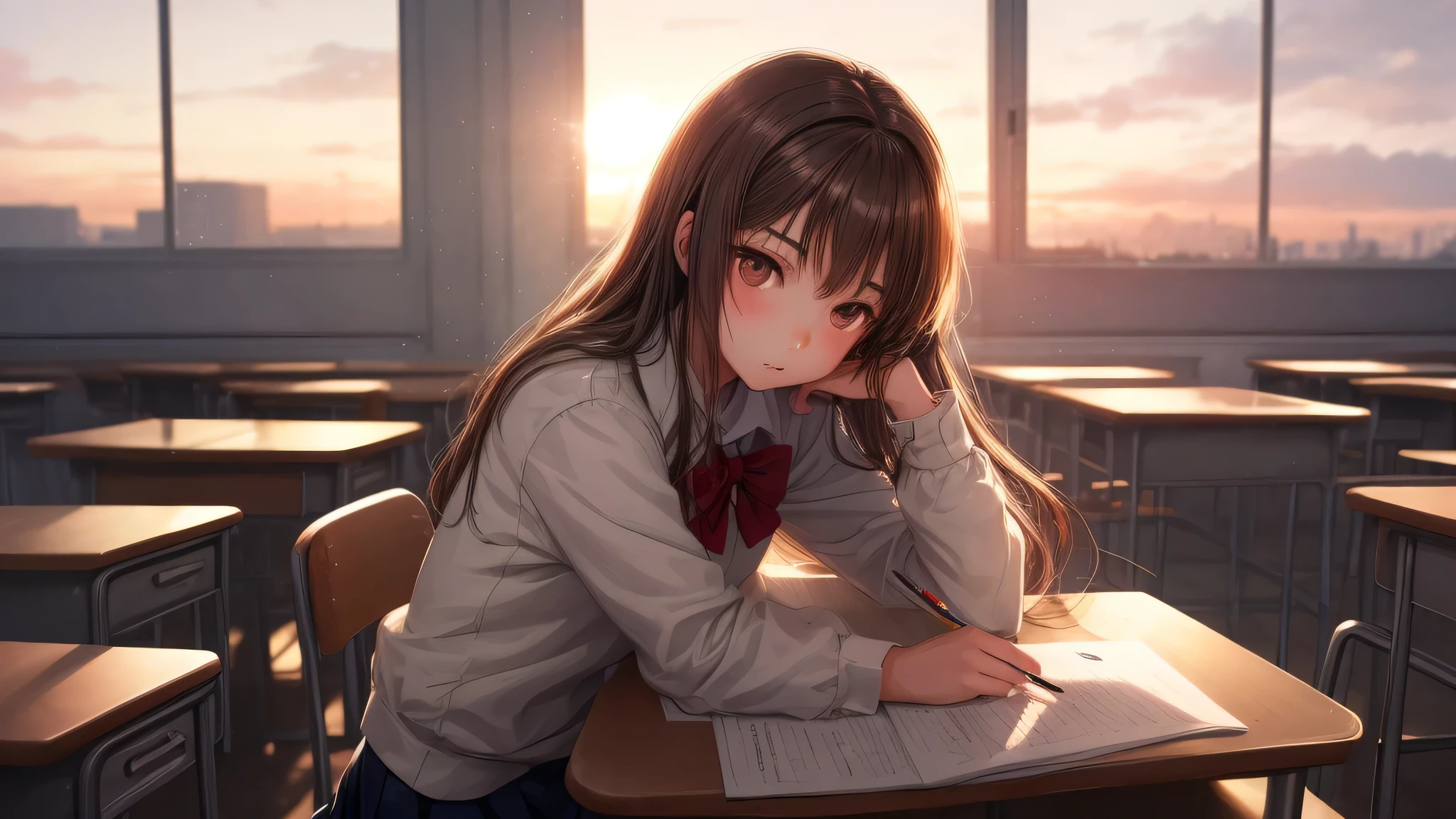 (1young girl:1.3), long hair, brown eyes, model, Enchanting, Sublime, indoors, (Bokeh), (anime , anime illustration), school, classroom, eraser, sunset, alone, depth of fields, pensive,