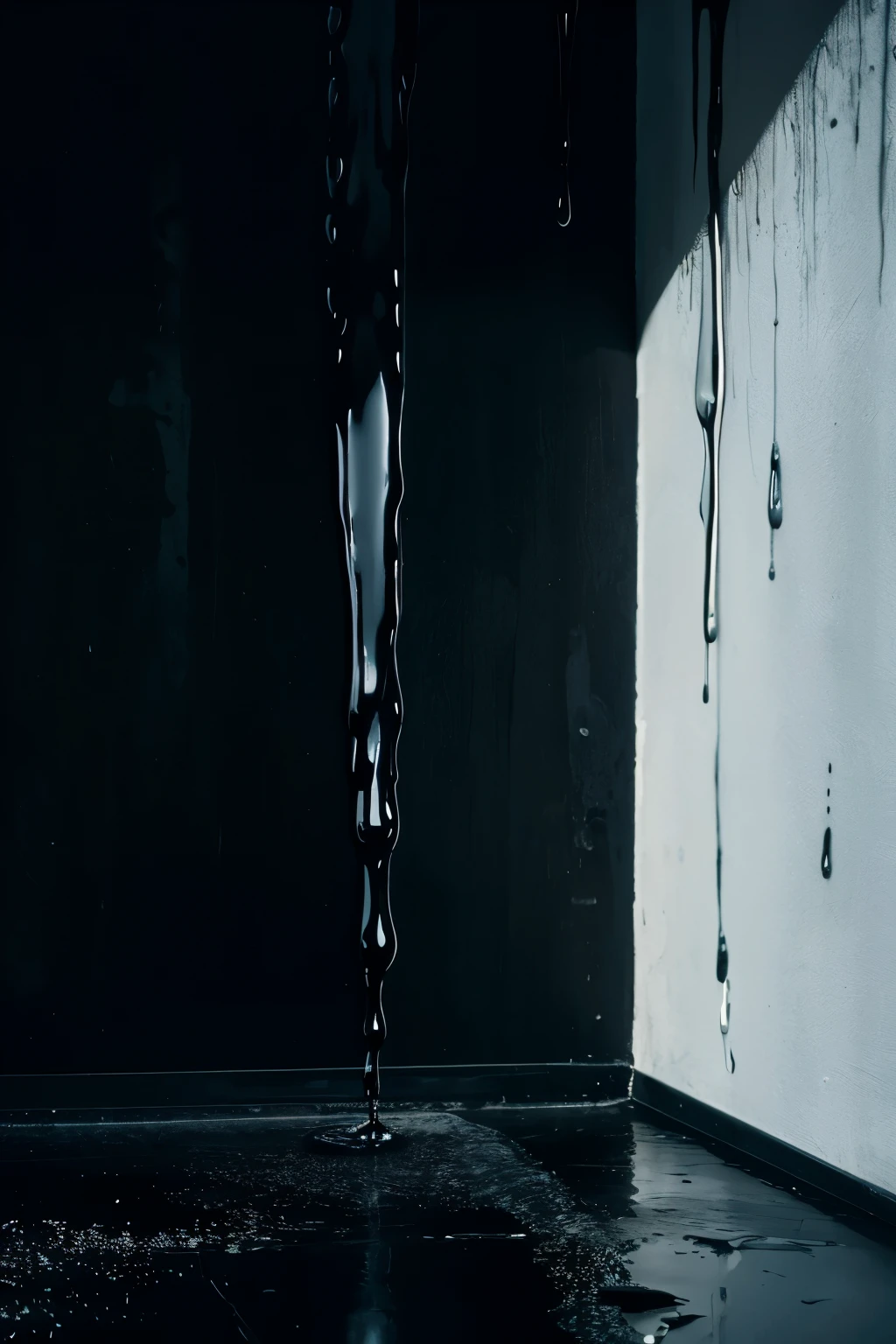 There is a black liquid dripping from the wall,There is a snowman in the background, By Alberto Burri (Alberto Burri) inspired verisimilitude, No splashing, concept art, Dripping black paint, Dripping black and gray paint, Black fluid simulation, dripping tar, oil dripping, Made of smooth black slime, black paint flowing down, Thick paint dripping texture, oil dripping paint