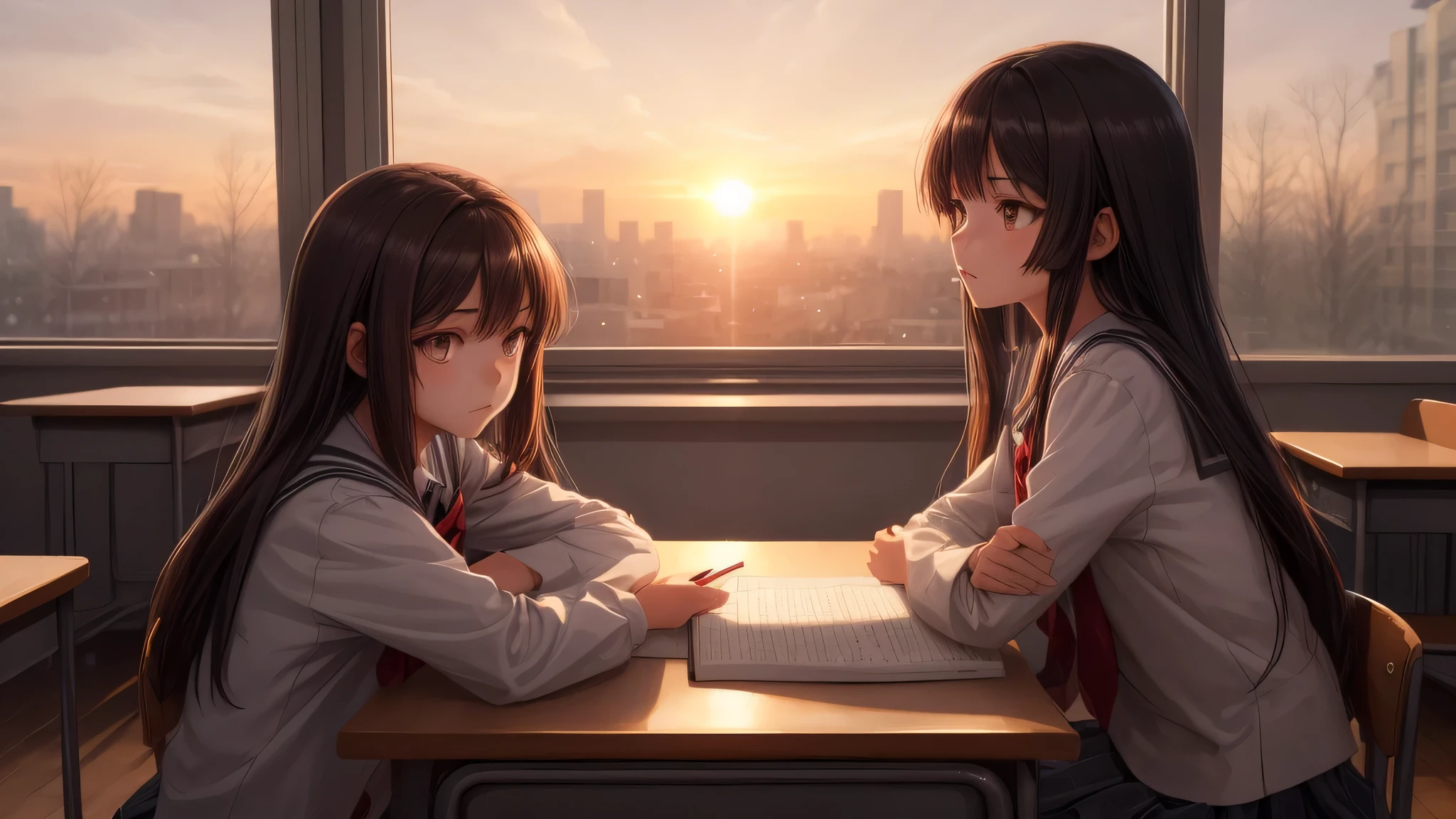 (ung girl:1.3), long hair, brown eyes, model, Enchanting, Sublime,  indoors, (Bokeh), (anime , anime illustration), school, classroom, eraser, sunset, alone, depth of fields, pensive,