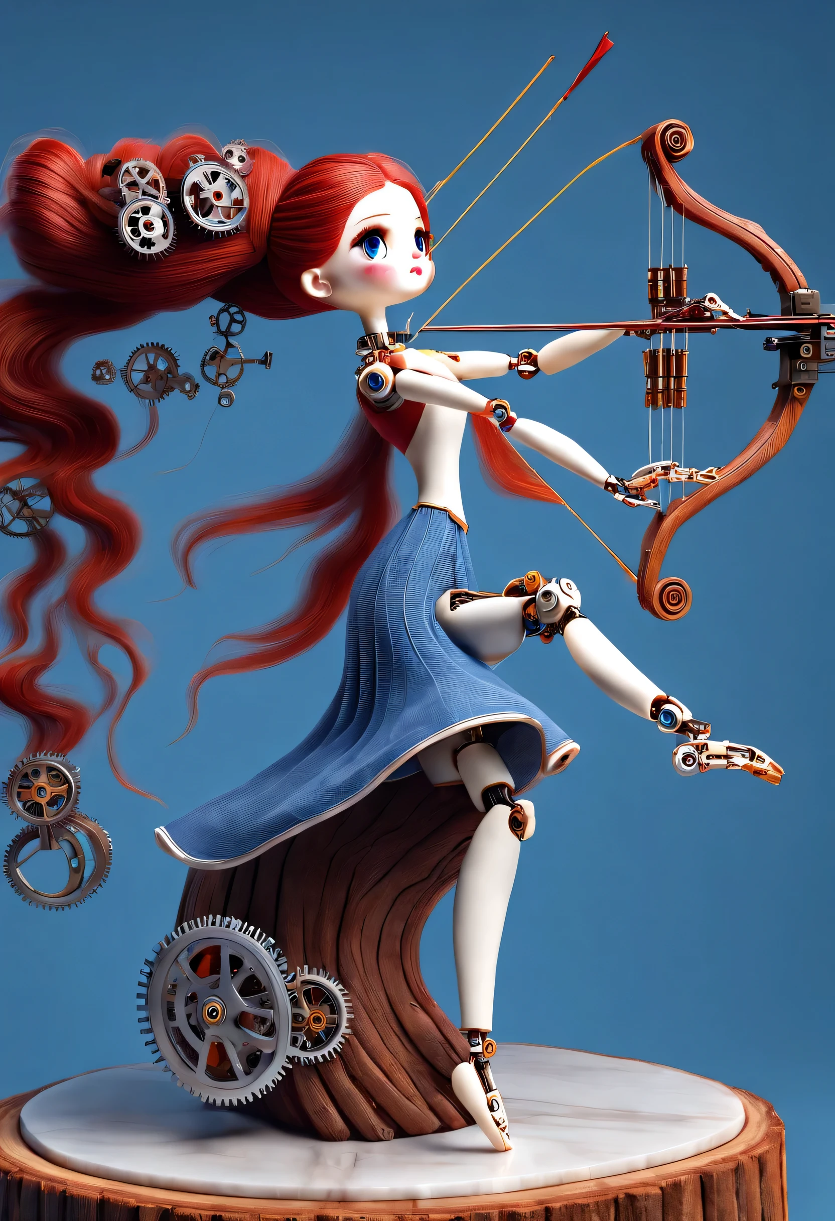 Marble sculpture style, role conception, (whole body), (a mechanically constructed doll is playing 电吉他), Beautiful and meticulous, Mechanical wires connecting doll&#39;s bow fingers,Cello， The gear that connects the slender legs, (log-based mechanism), The key spring is inserted into the back of the doll, cute and beautiful face, Extra long red double braid, blue and orange skirt, Slender mechanical wooden arms and legs, rotate, Dance, 8k, Super detailed, actual, high resolution, Ray tracing,