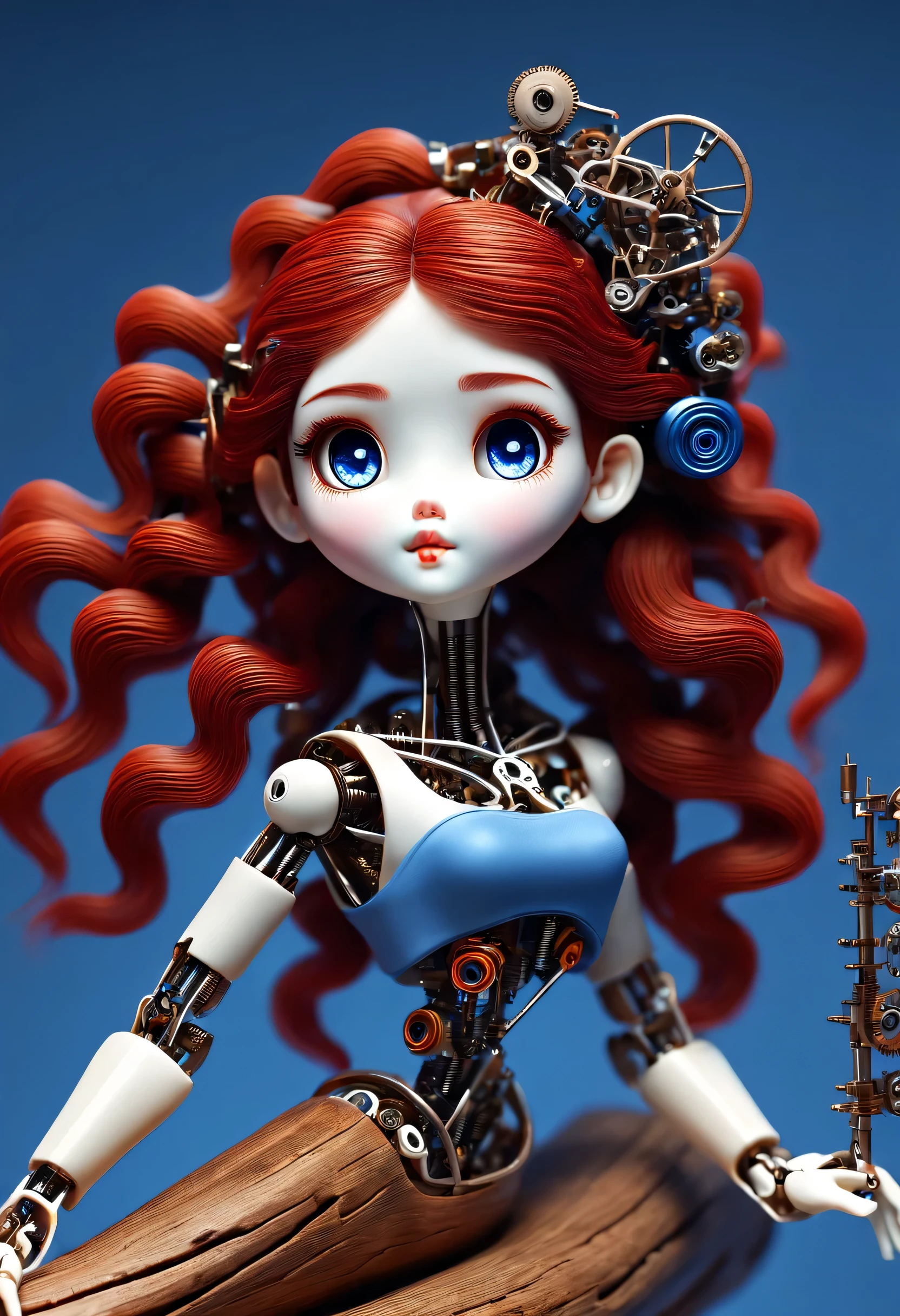 Marble sculpture style, role conception, (whole body), (a mechanically constructed doll is playing 电吉他), Beautiful and meticulous, Mechanical wires connecting doll's bow fingers,Cello, The gear that connects the slender legs, (log-based mechanism), The key spring is inserted into the back of the doll, cute and beautiful face, Extra long red double braid, blue and orange skirt, Slender mechanical wooden arms and legs, rotate, Dance, 8k, Super detailed, actual, high resolution, Ray tracing,