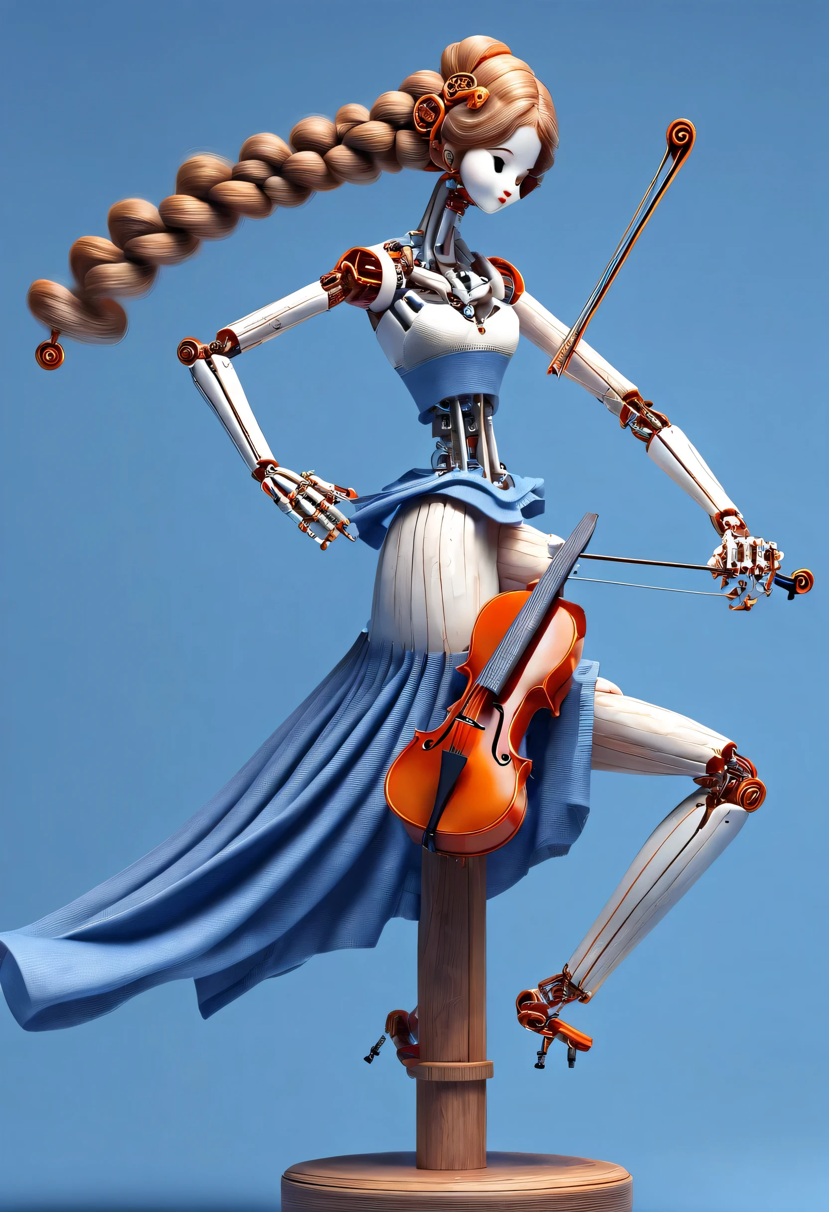 Marble sculpture style, role conception, (whole body), (A mechanical doll that plays the cello), Beautiful and meticulous, wire pull finger, Wires hanging from the sky connect the fingers of the doll's bow, Gear line connecting slender legs, (Machine-made wooden base), The key spring is inserted into the back of the doll, cute and beautiful face, Extra long red double braid, blue and orange skirt, Slender mechanical wooden arms and legs, 8k, Super detailed, lifelike, high resolution, Ray tracing,...