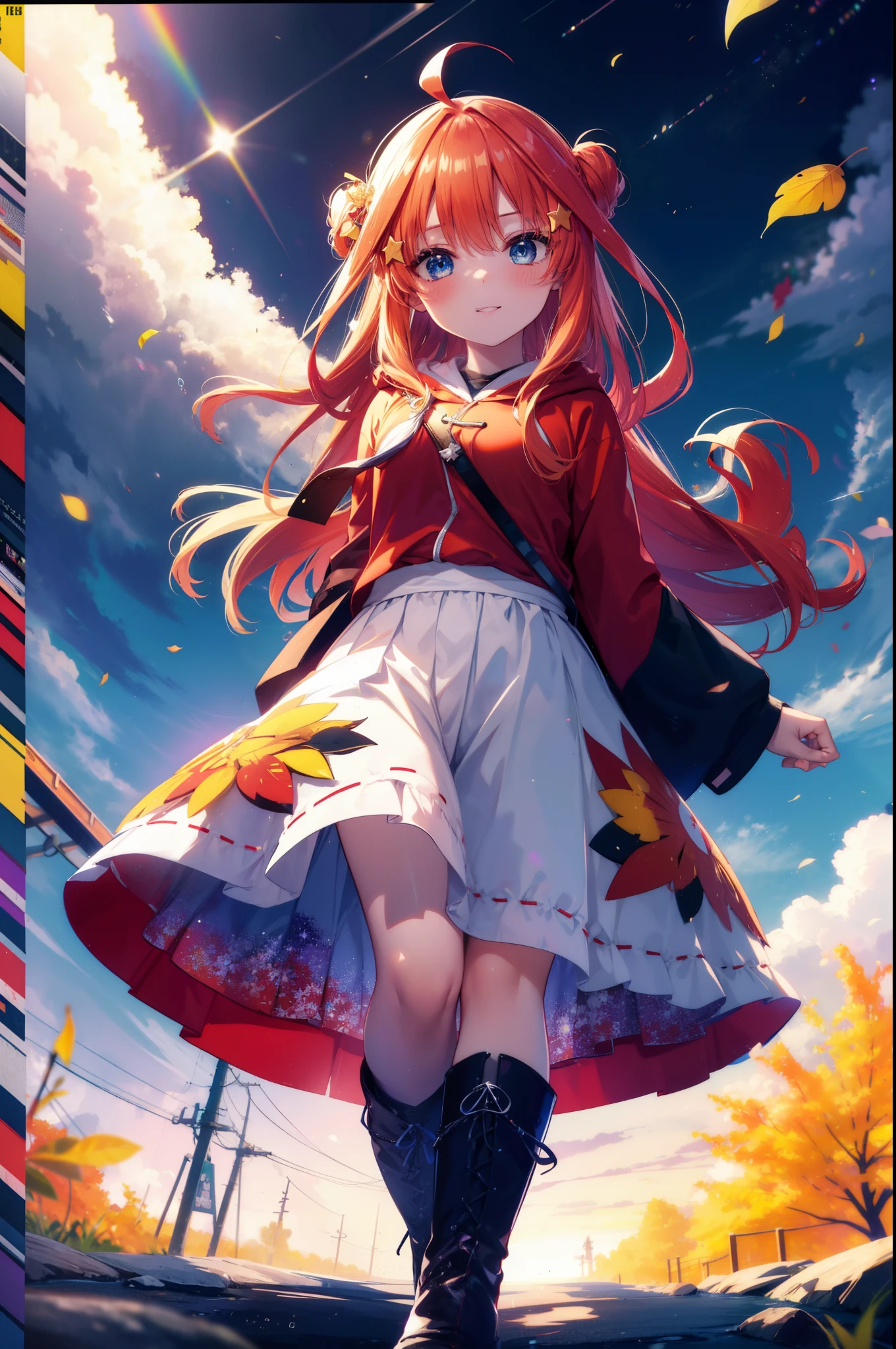 itsukinakano, Itsuki Nakano, bangs, blue eyes, hair between eyes, Ahoge, redhead, star \(symbol\), hair ornaments, star hair ornaments,smile,blush,short braided hair,long hair,Red hoodie,white long skirt,short boots,Tsukimi,moonlight,night,Autumn leaves are scattered,walking,
break outdoors, garden,
break (masterpiece:1.2), highest quality, High resolution, unity 8k wallpaper, (figure:0.8), (detailed and beautiful eyes:1.6), highly detailed face, perfect lighting, Very detailed CG, (perfect hands, perfect anatomy),