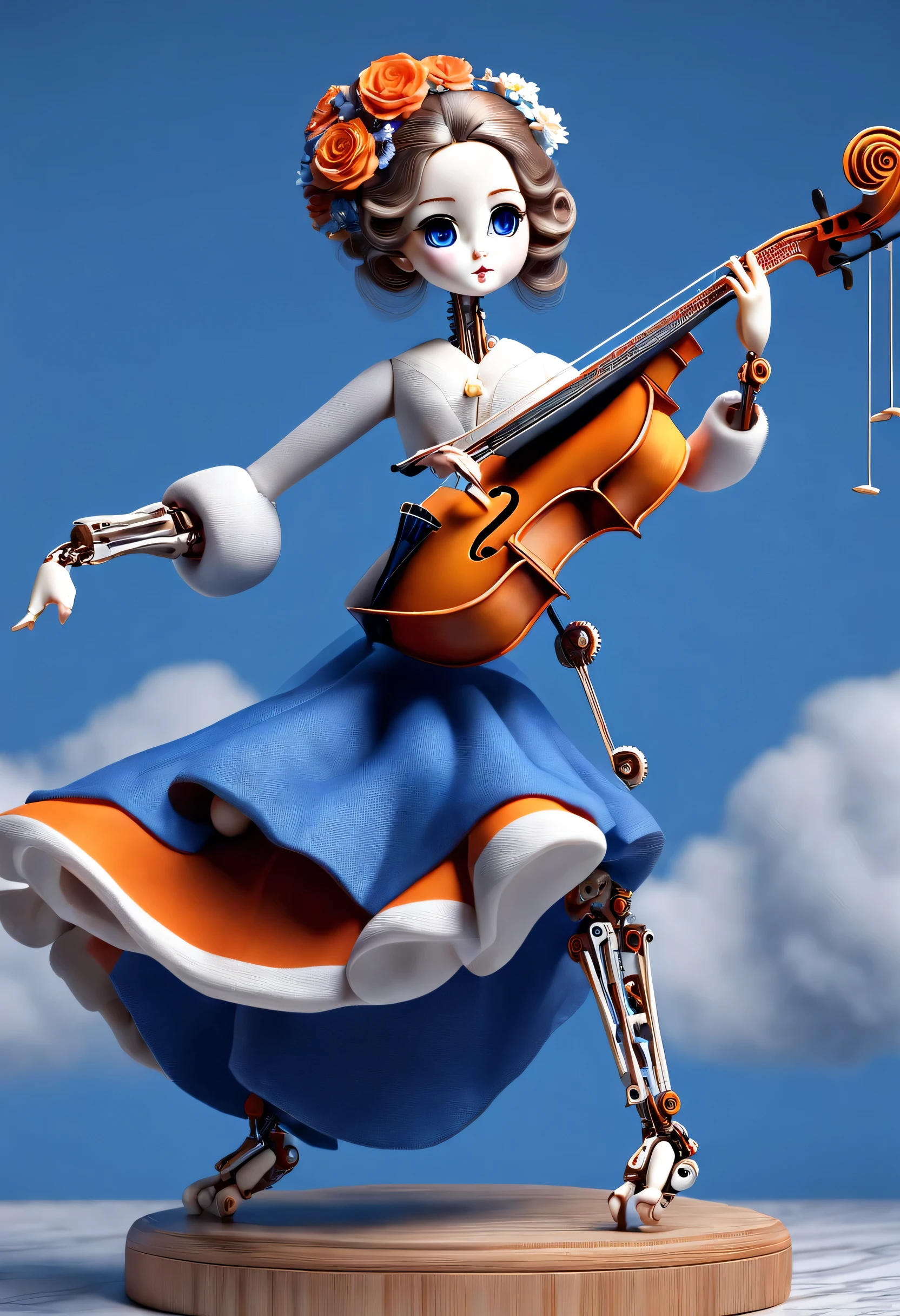 Marble sculpture style, role conception, (whole body), (A mechanical doll that plays the cello), Beautiful and meticulous, wire pull finger, Wires hanging from the sky connect the fingers of the doll&#39;s bow, Gear line connecting slender legs, (Machine-made wooden base), The key spring is inserted into the back of the doll, cute and beautiful face, Extra long red double braid, blue and orange skirt, Slender mechanical wooden arms and legs, 8k, Super detailed, lifelike, high resolution, Ray tracing,...